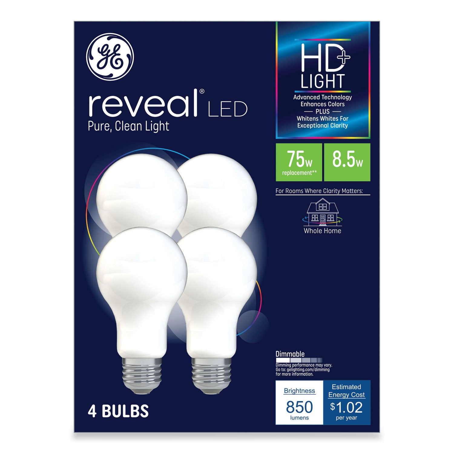 Reveal HD+ LED A19 Light Bulb, 8.5 W, 4/Pack