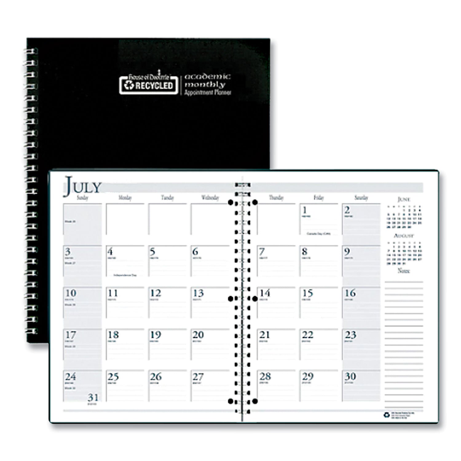 Recycled Three-Hole Punched Wirebound Academic Monthly Planner, 11 x 8.5, Black Cover, 14-Month (July to Aug): 2024 to 2025