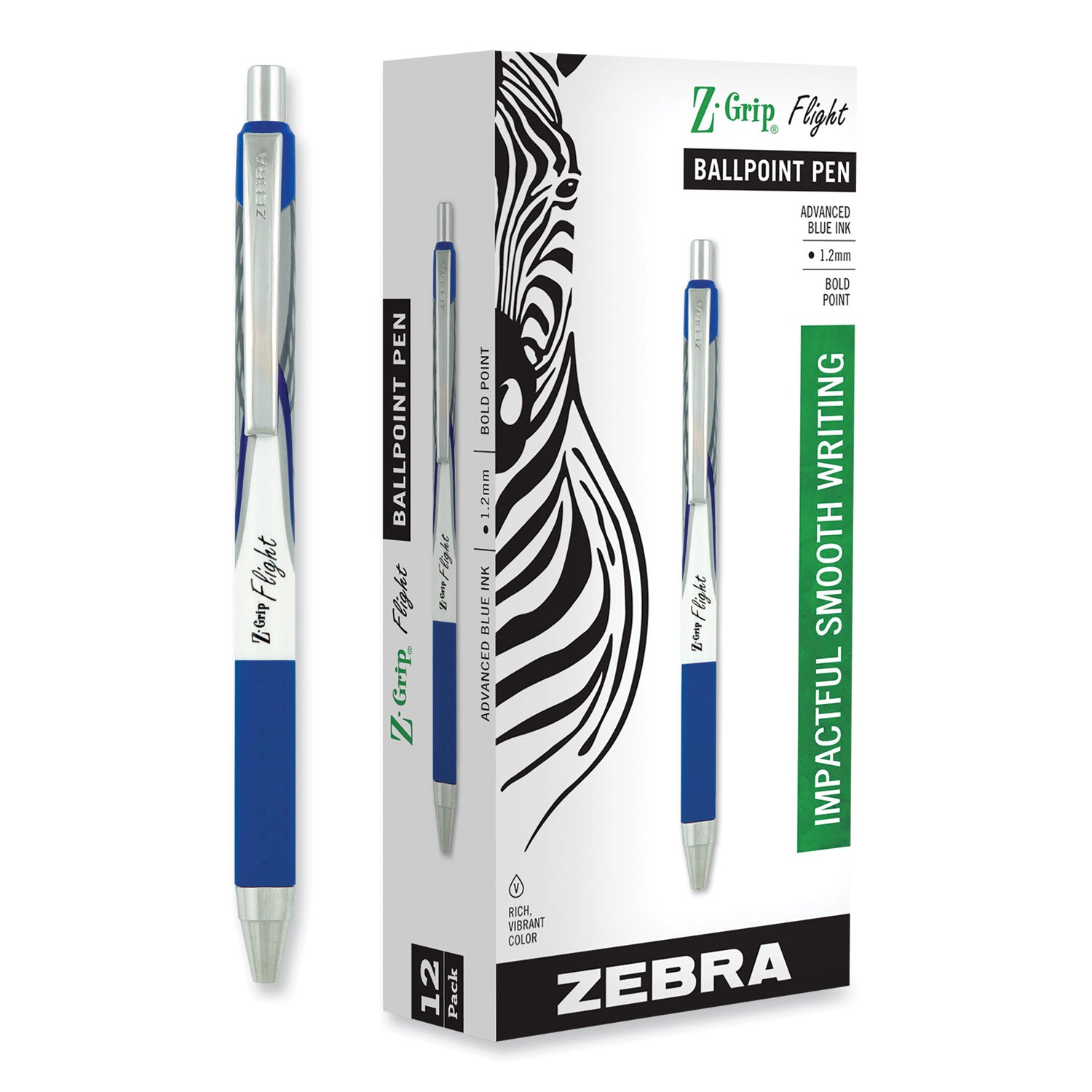 Zebra® Z-Grip Flight Ballpoint Pen, Retractable, Bold 1.2 mm, Blue Ink, Black/Blue/White Barrel, 12/Pack