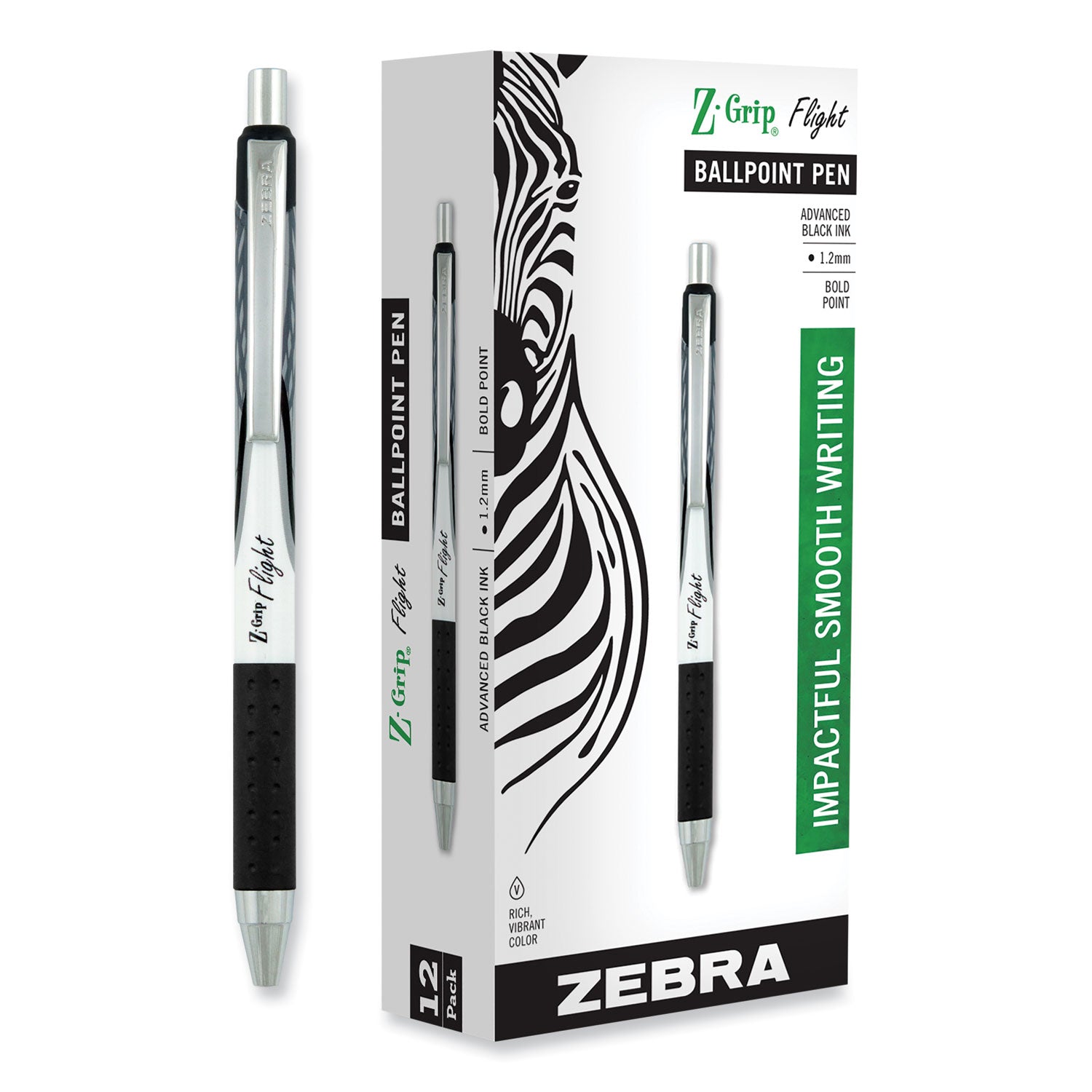 Zebra® Z-Grip Flight Ballpoint Pen, Retractable, Bold 1.2 mm, Black Ink, Black/Gray/White Barrel, 12/Pack