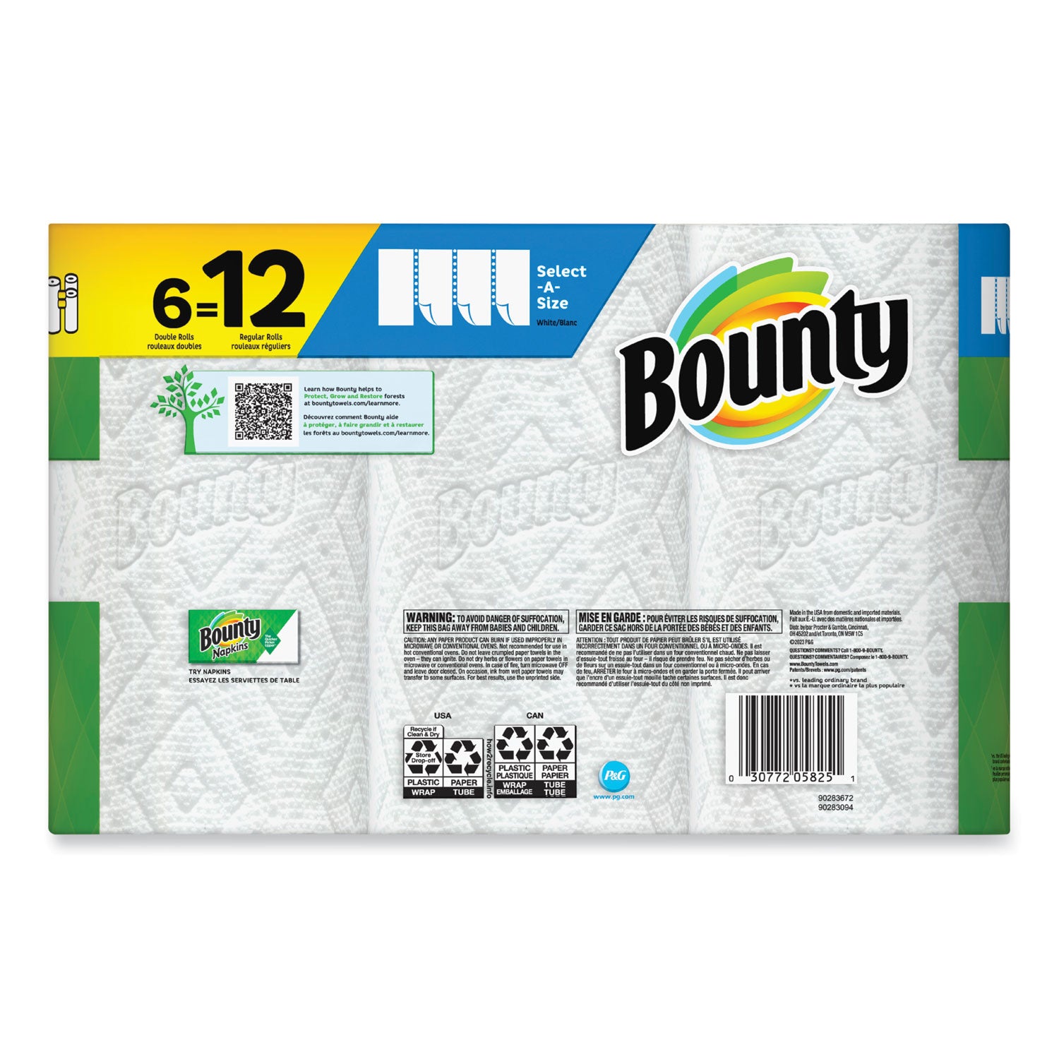 Bounty® Select-a-Size Kitchen Roll Paper Towels, 2-Ply, 6 x 11, White, 90 Sheets/Double Roll, 6 Rolls/Carton