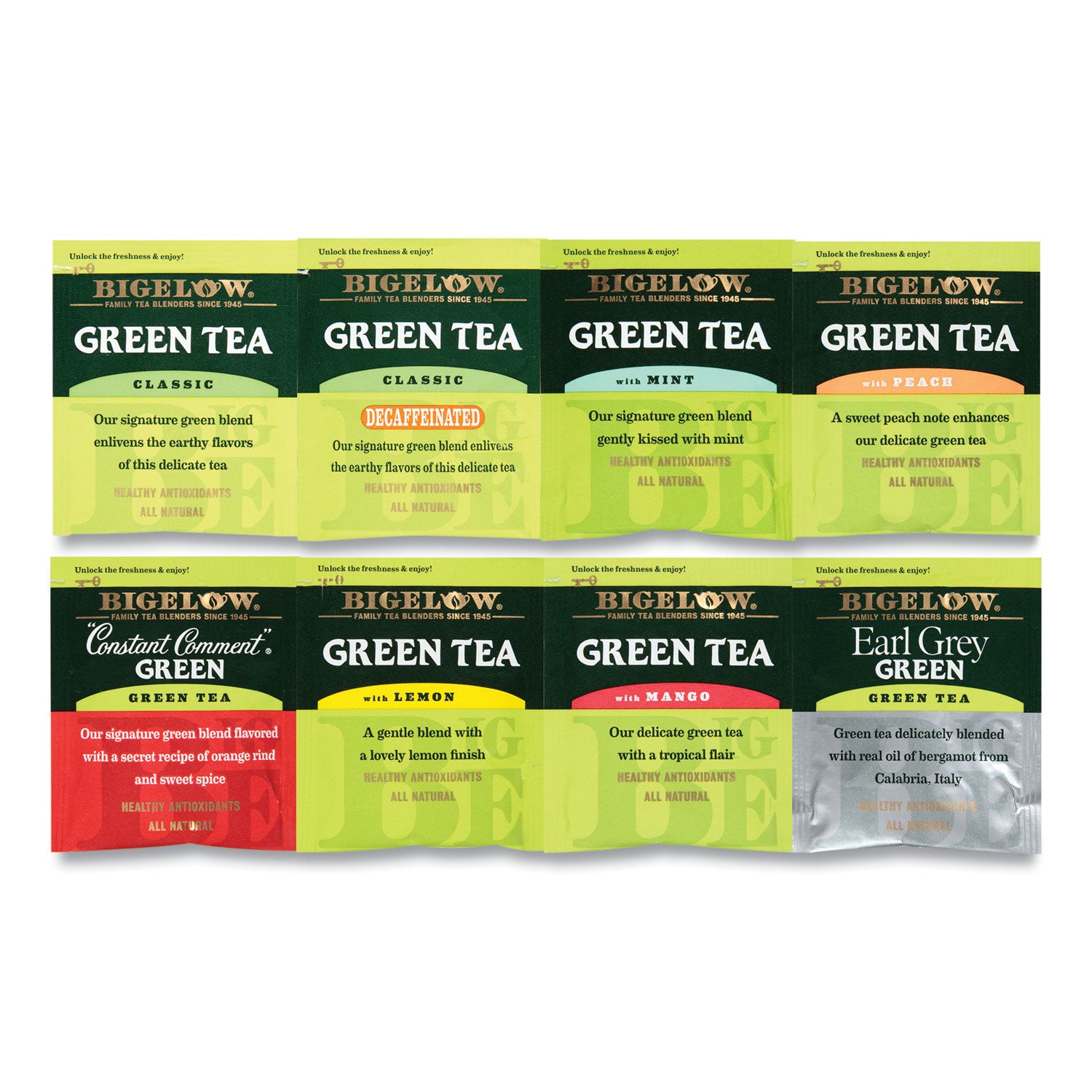 Bigelow® Green Tea Assortment, Individually Wrapped, Eight Flavors, 64 Tea Bags/Box