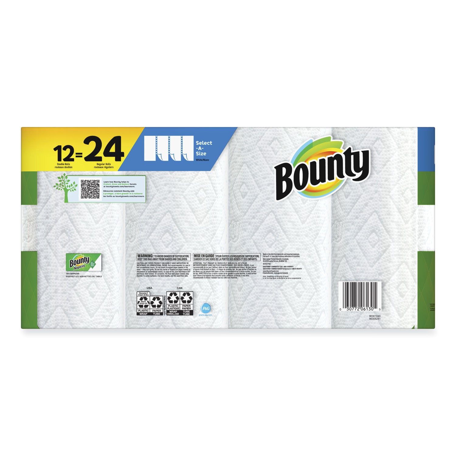 Bounty® Select-a-Size Kitchen Roll Paper Towels, 2-Ply, 5.9 x 11, White, 90 Sheets/Double Roll, 12 Rolls/Carton