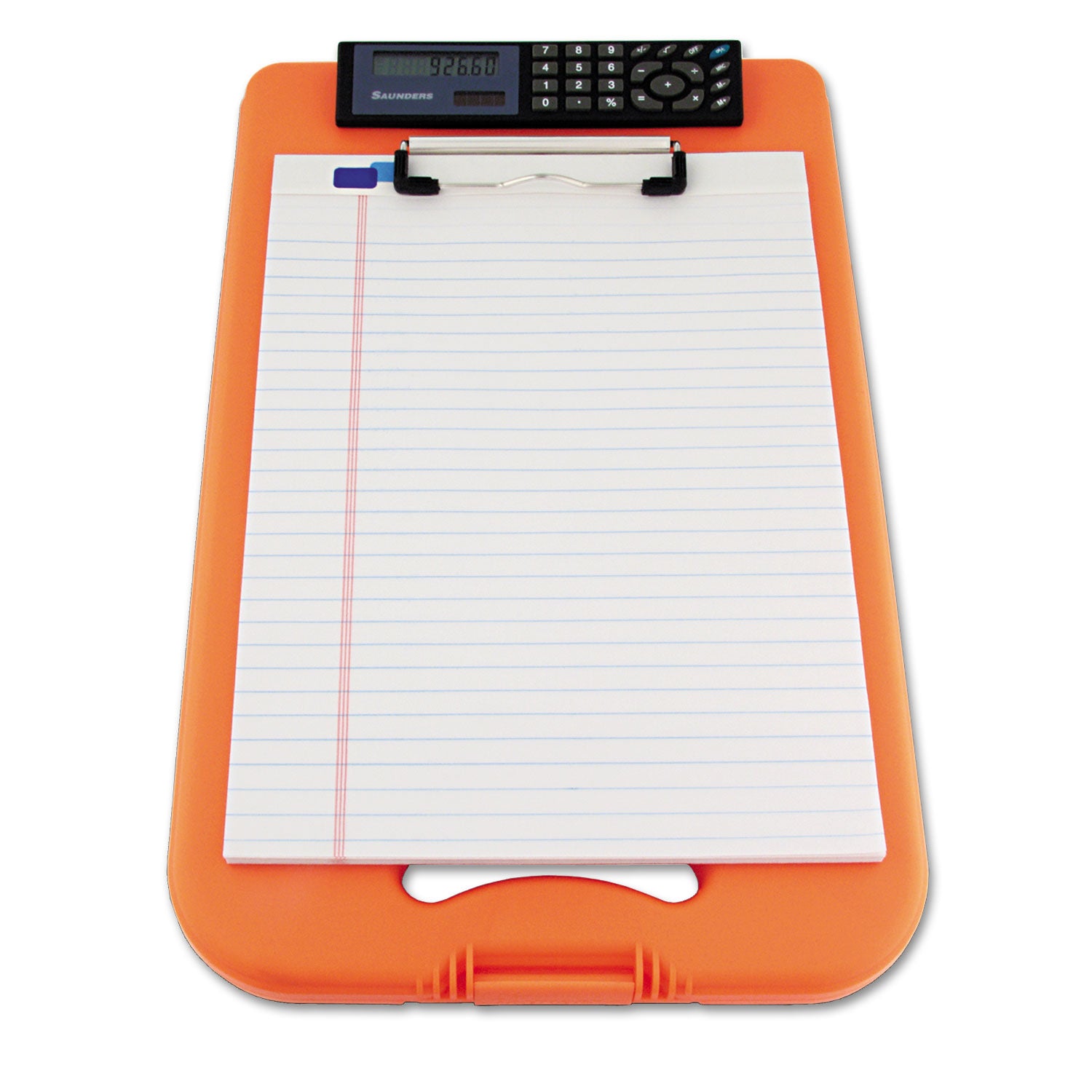 Saunders DeskMate II with Calculator, 0.5" Clip Capacity, Holds 8.5 x 11 Sheets, Hi-Vis Orange