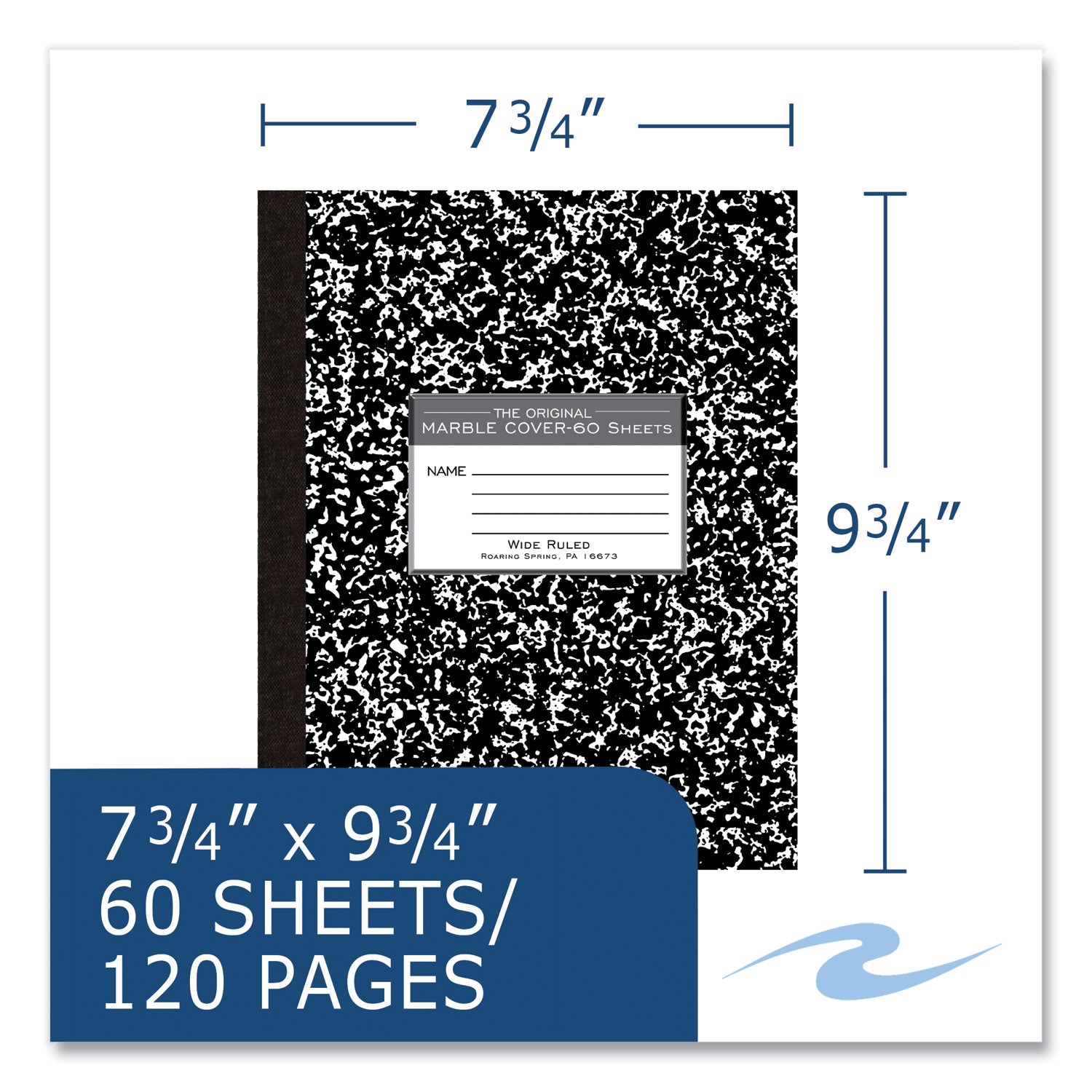 Roaring Spring® Marble Cover Composition Book, Wide/Legal Rule, Black Marble Cover, (60) 10 x 8 Sheets