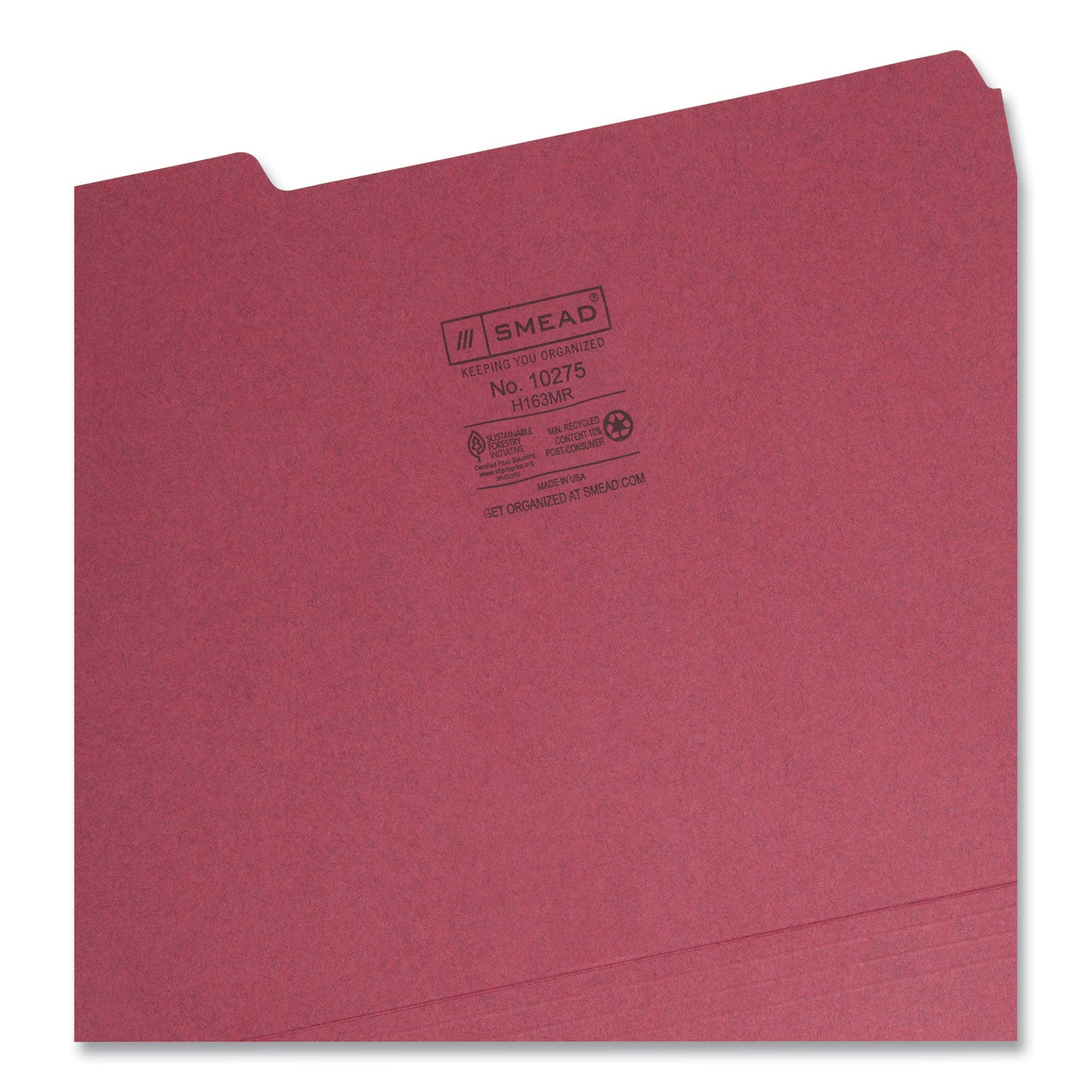 Smead™ Interior File Folders, 1/3-Cut Tabs: Assorted, Letter Size, 0.75" Expansion, Maroon, 100/Box