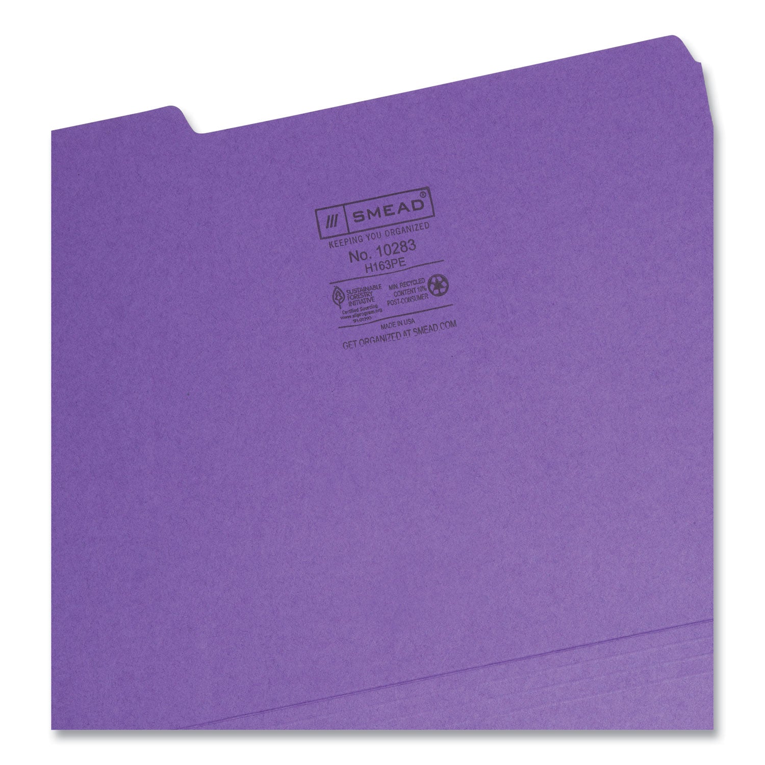 Smead™ Interior File Folders, 1/3-Cut Tabs: Assorted, Letter Size, 0.75" Expansion, Purple, 100/Box