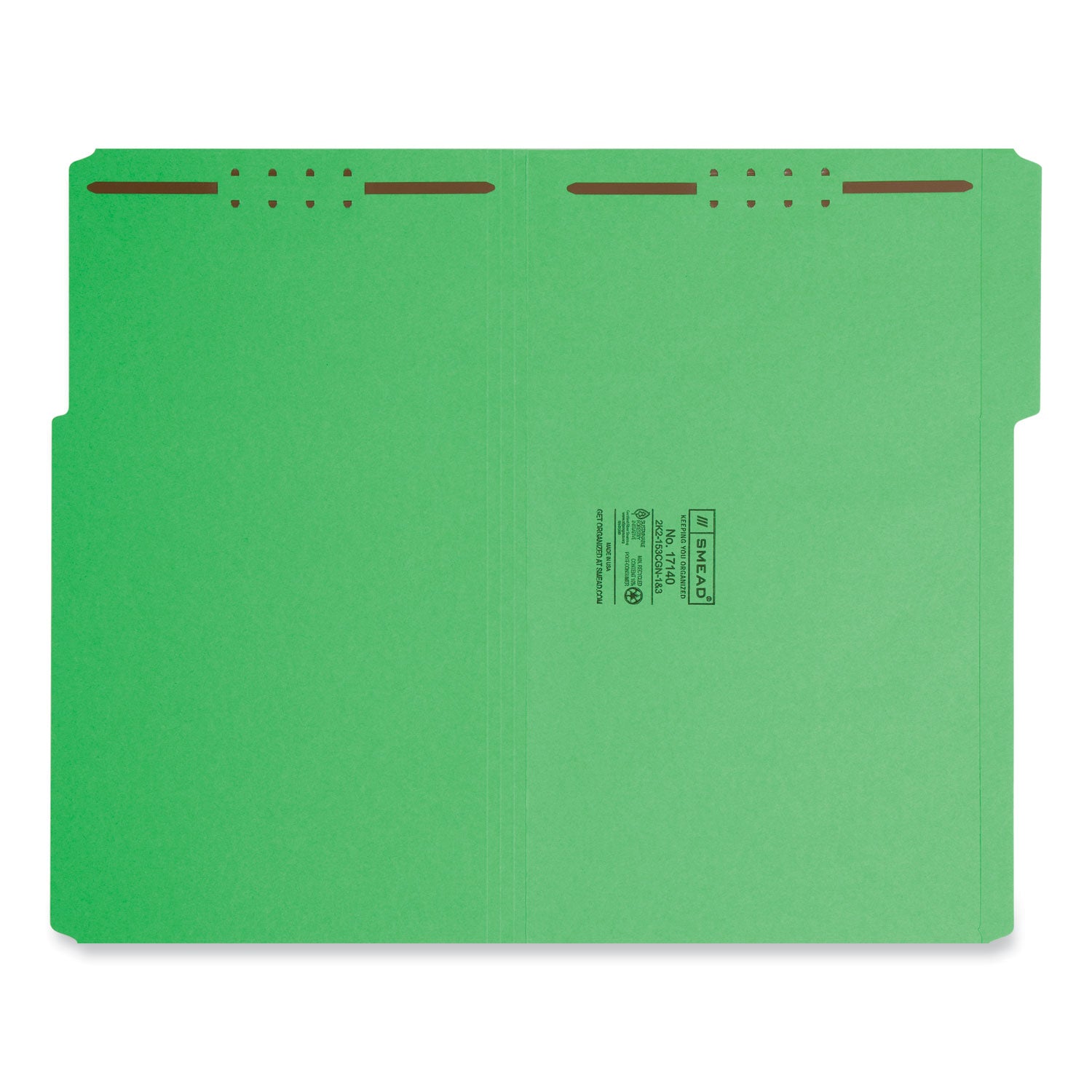 Smead™ Top Tab Colored Fastener Folders, 0.75" Expansion, 2 Fasteners, Legal Size, Green Exterior, 50/Box