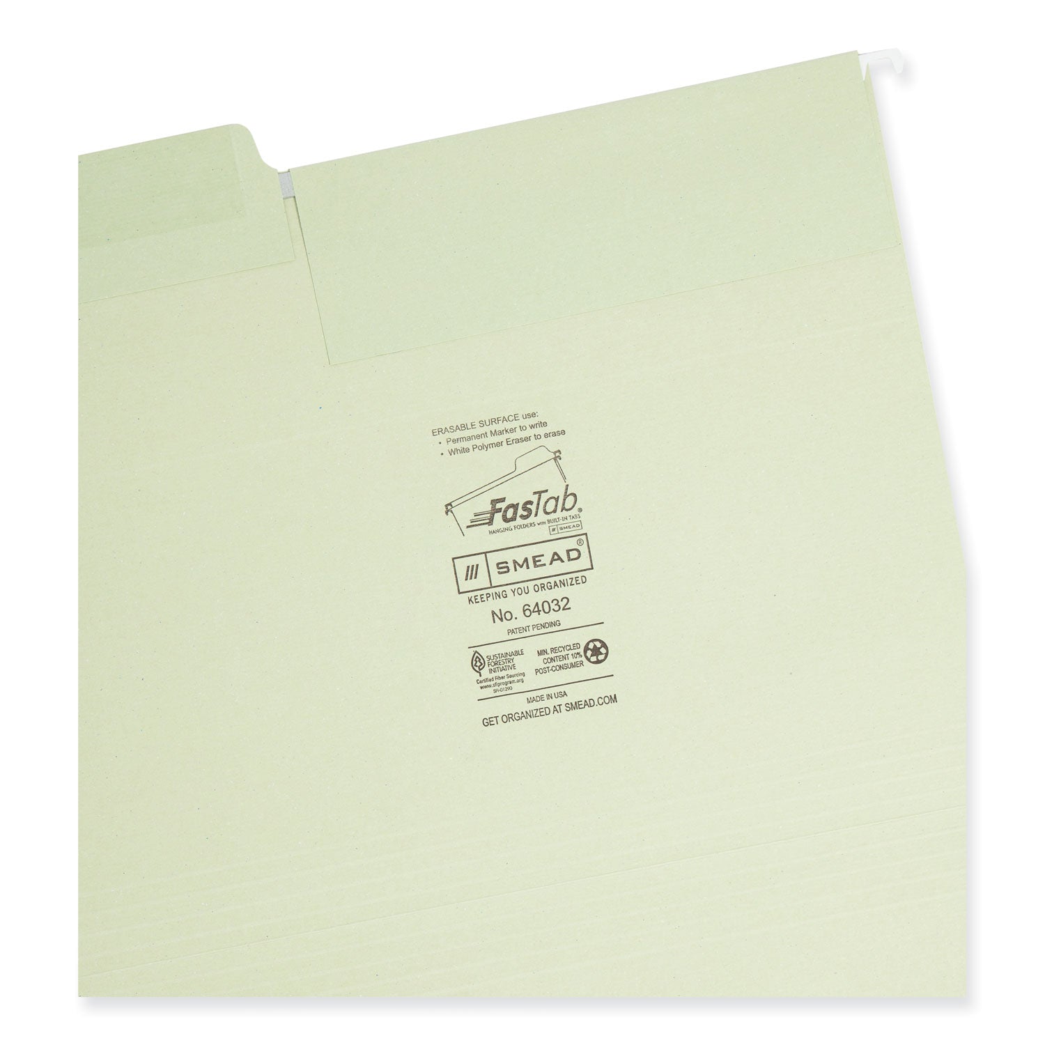 Smead™ Erasable FasTab Hanging Folders, Letter Size, 1/3-Cut Tabs, Moss, 20/Box