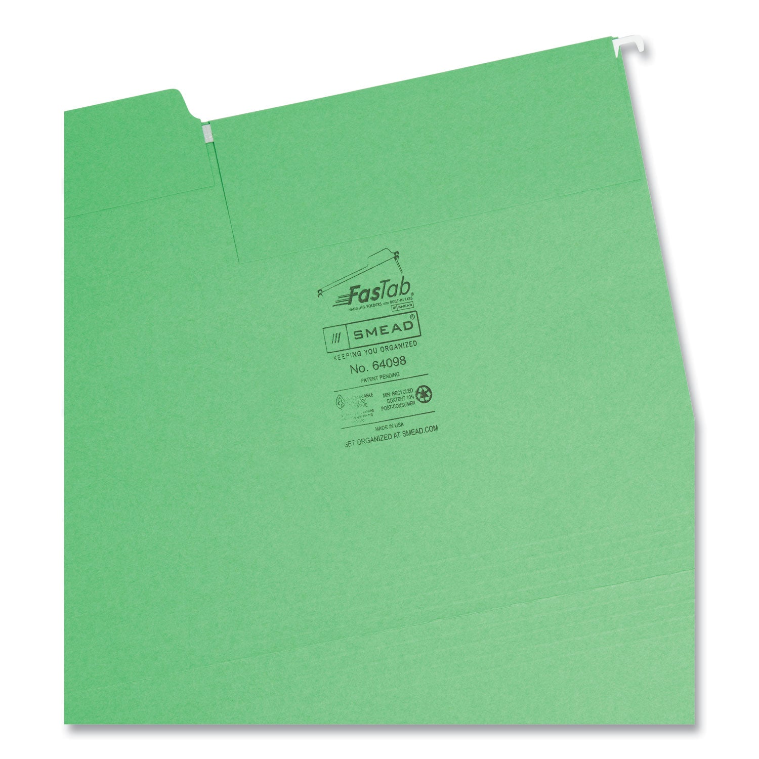 Smead™ FasTab Hanging Folders, Letter Size, 1/3-Cut Tabs, Green, 20/Box