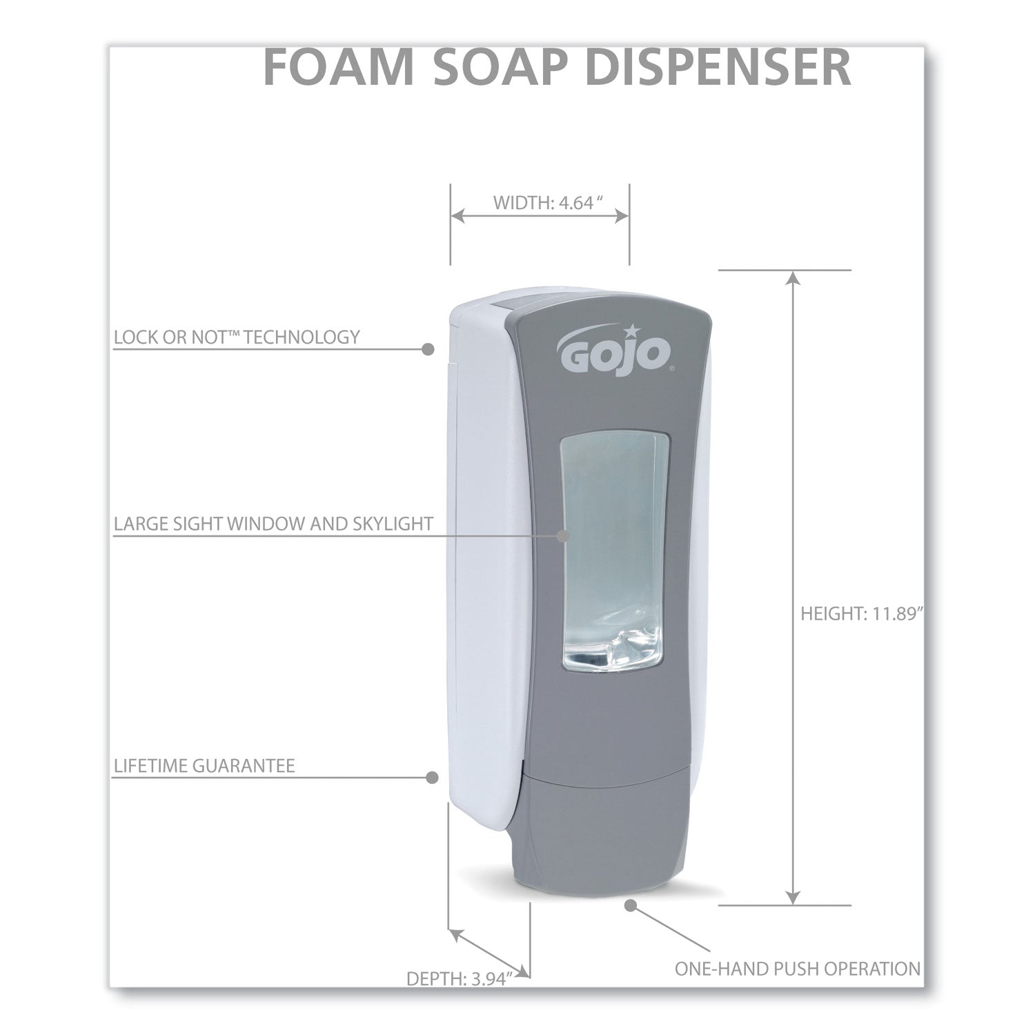 GOJO® ADX-12 Dispenser, 1,250 mL, 4.5 x 4 x 11.25, Gray