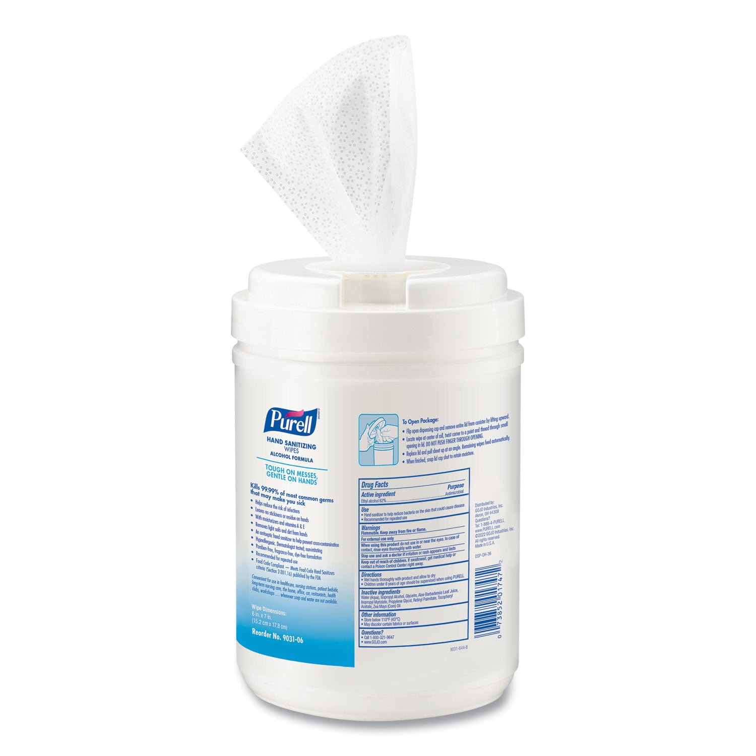 PURELL® Hand Sanitizing Wipes Alcohol Formula, 6 x 7, Unscented, White, 175/Canister, 6 Canisters/Carton