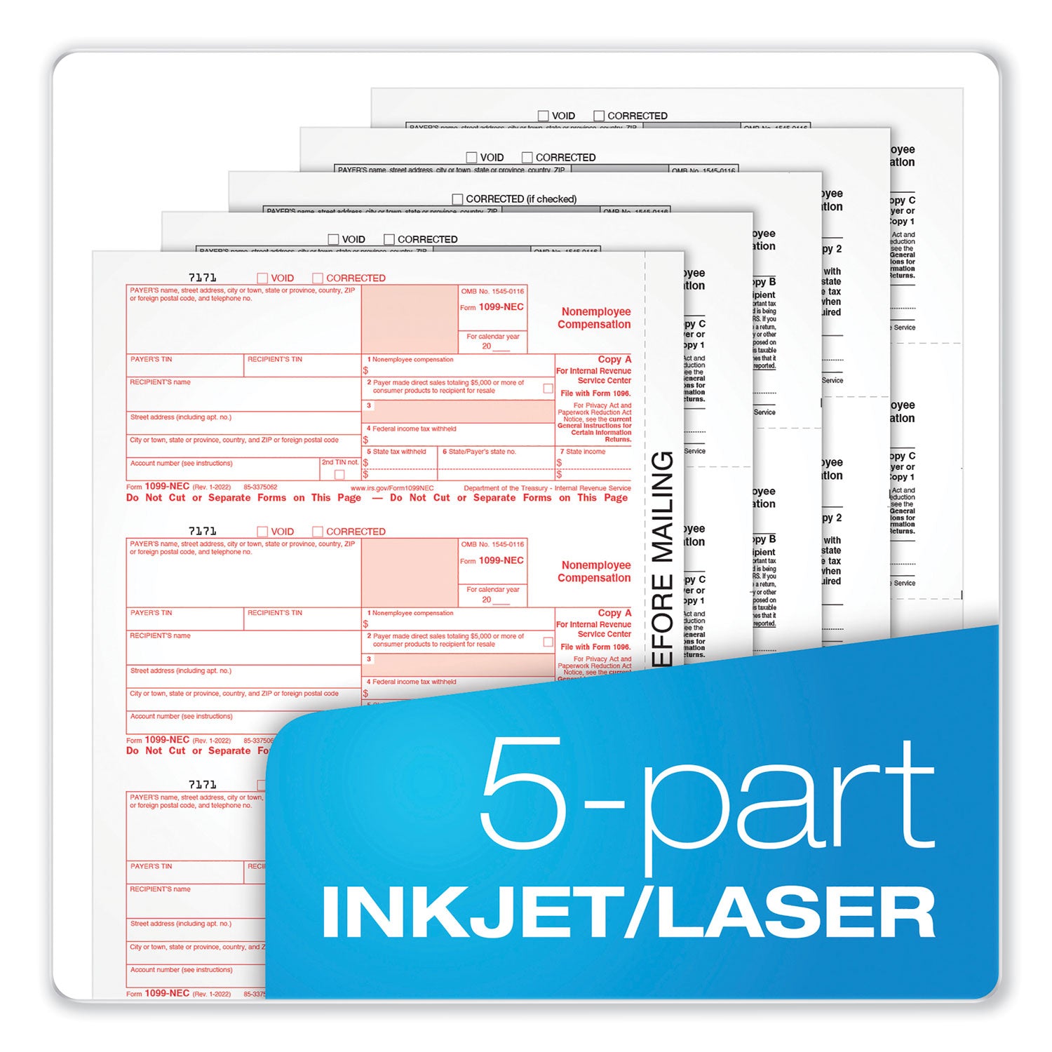 Adams® 1099-NEC + 1096 Tax Form Kit with e-File, Inkjet/Laser, Fiscal Year: 2023, 5-Part, 8.5 x 3.67, 3 Forms/Sheet, 50 Forms Total