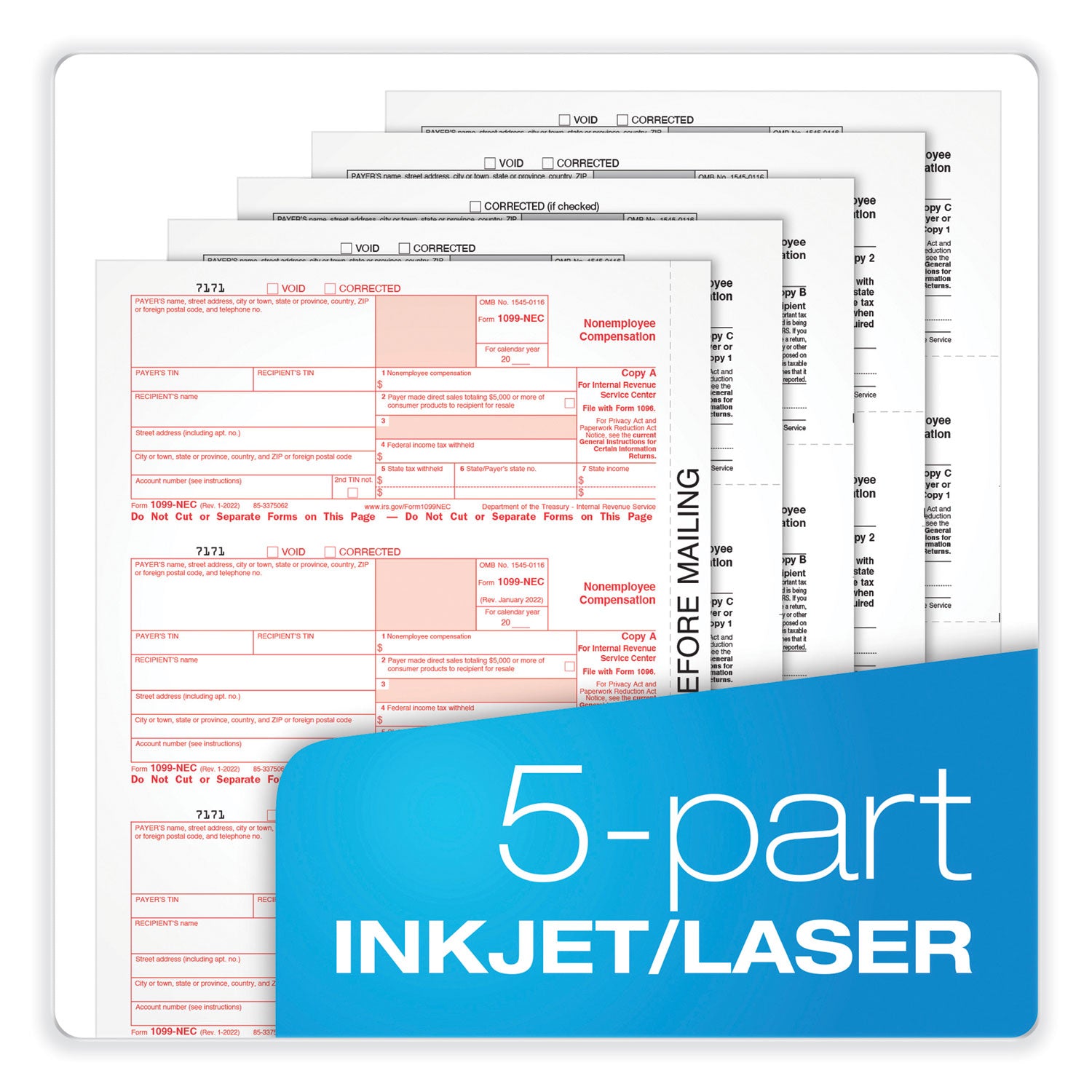 Adams® 1099-NEC + 1096 Tax Form Bundle, Inkjet/Laser, Fiscal Year: 2023, 5-Part, 8.5 x 3.67, 3 Forms/Sheet, 24 Forms Total