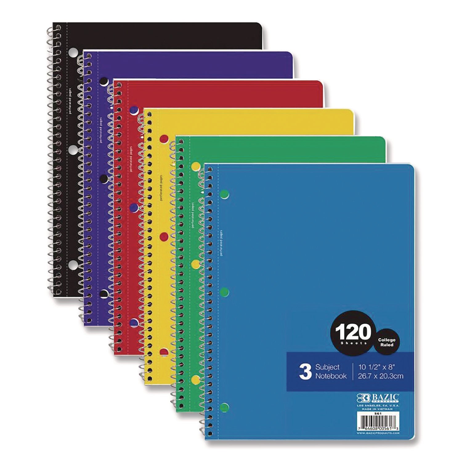 BAZIC® Products Spiral Notebooks, 3 Subjects, Medium/College Rule, Randomly Assorted Cover Colors, (120) 10.5 x 8 Sheets