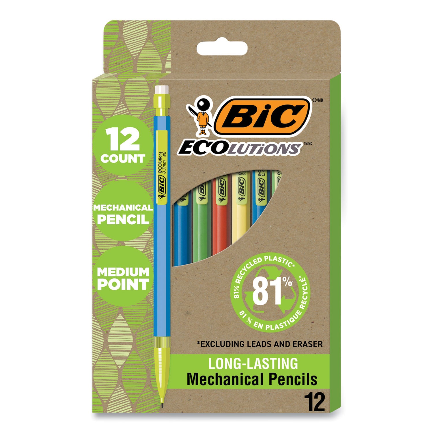 BIC® ReVolution Mechanical Pencil, 0.7 mm, HB (#2), Black Lead, Assorted Barrel Colors, 12/Pack