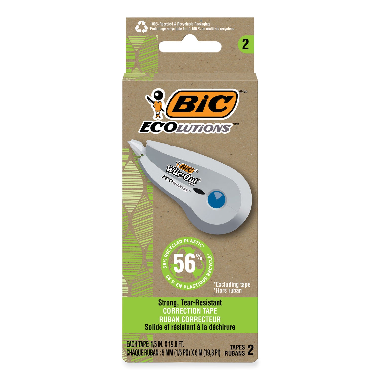 BIC® Wite-Out Brand Ecolutions Correction Tape, Non-Refillable, White,  0.2" x 19.8 ft, 2/Pack