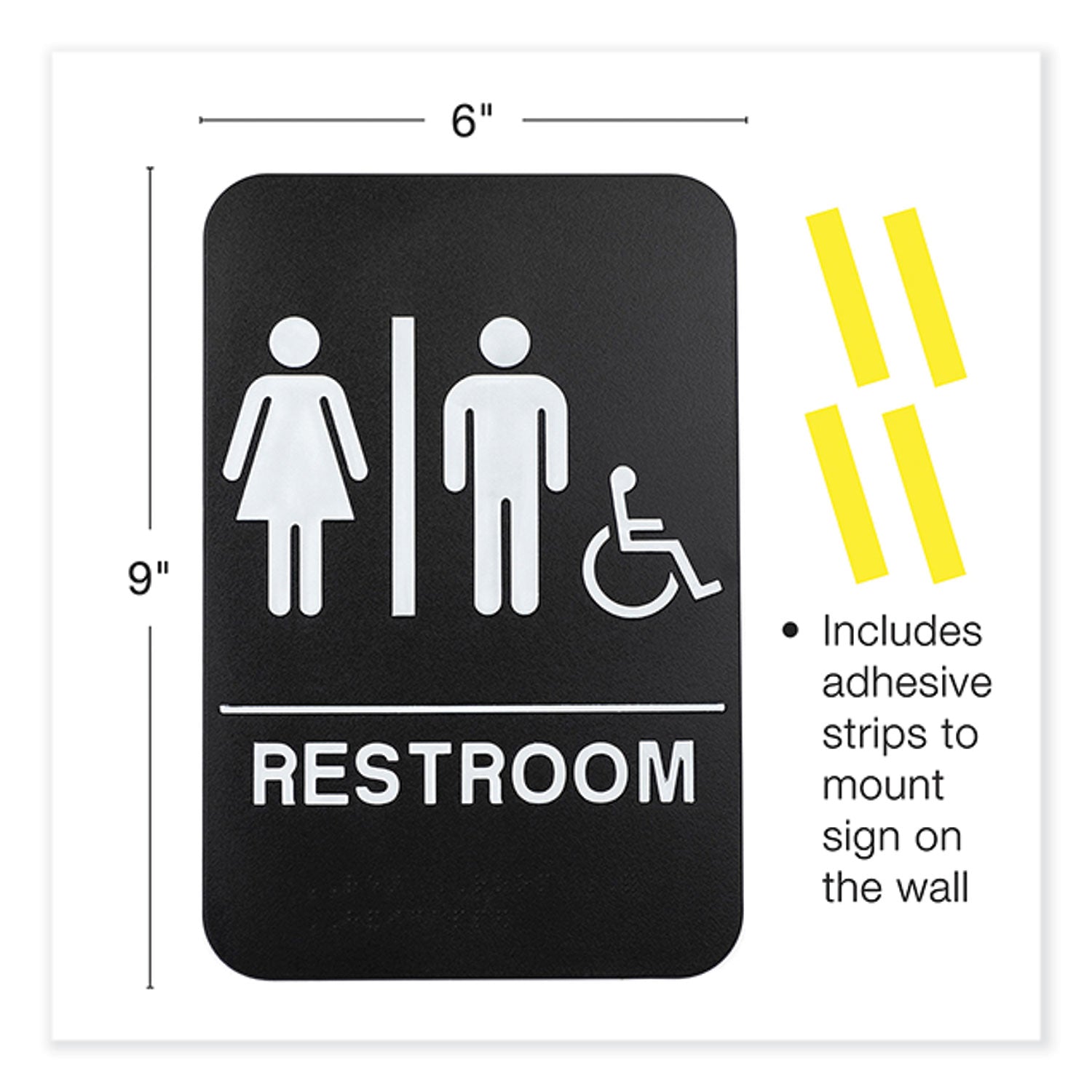 Excello Global Products® Indoor/Outdoor Restroom Sign with Braille Text and Wheelchair, 6" x 9", Black Face, White Graphics, 3/Pack