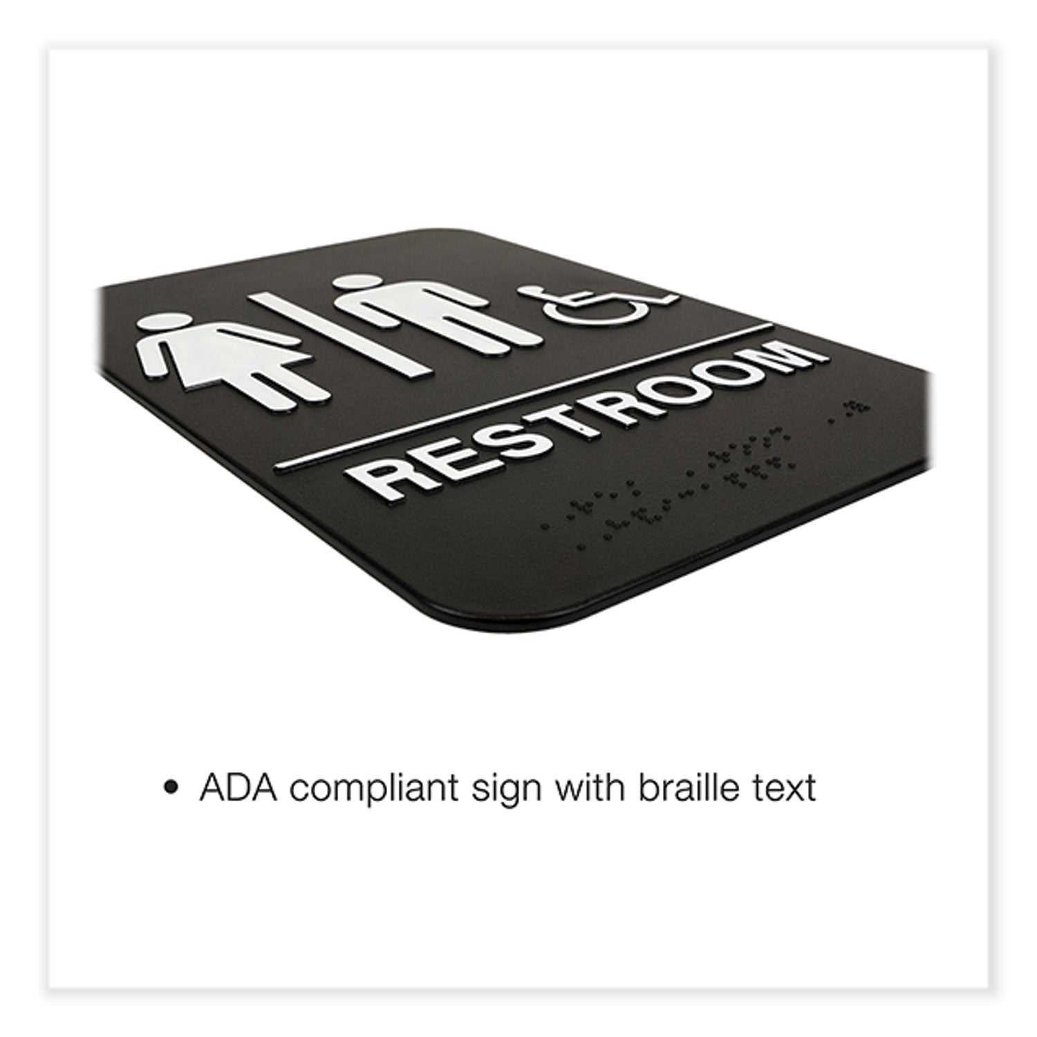 Excello Global Products® Indoor/Outdoor Restroom Sign with Braille Text and Wheelchair, 6" x 9", Black Face, White Graphics, 3/Pack