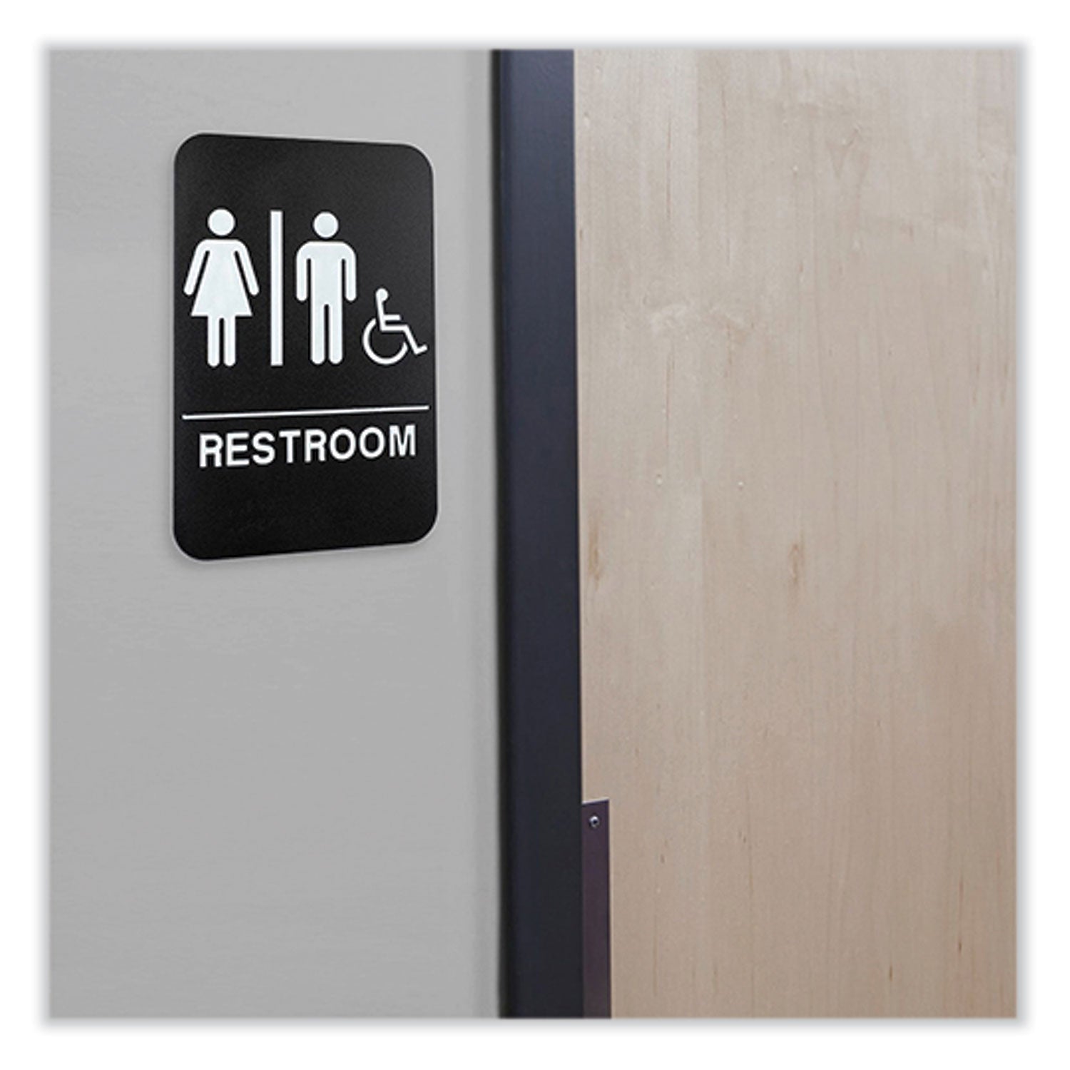 Excello Global Products® Indoor/Outdoor Restroom Sign with Braille Text and Wheelchair, 6" x 9", Black Face, White Graphics, 3/Pack