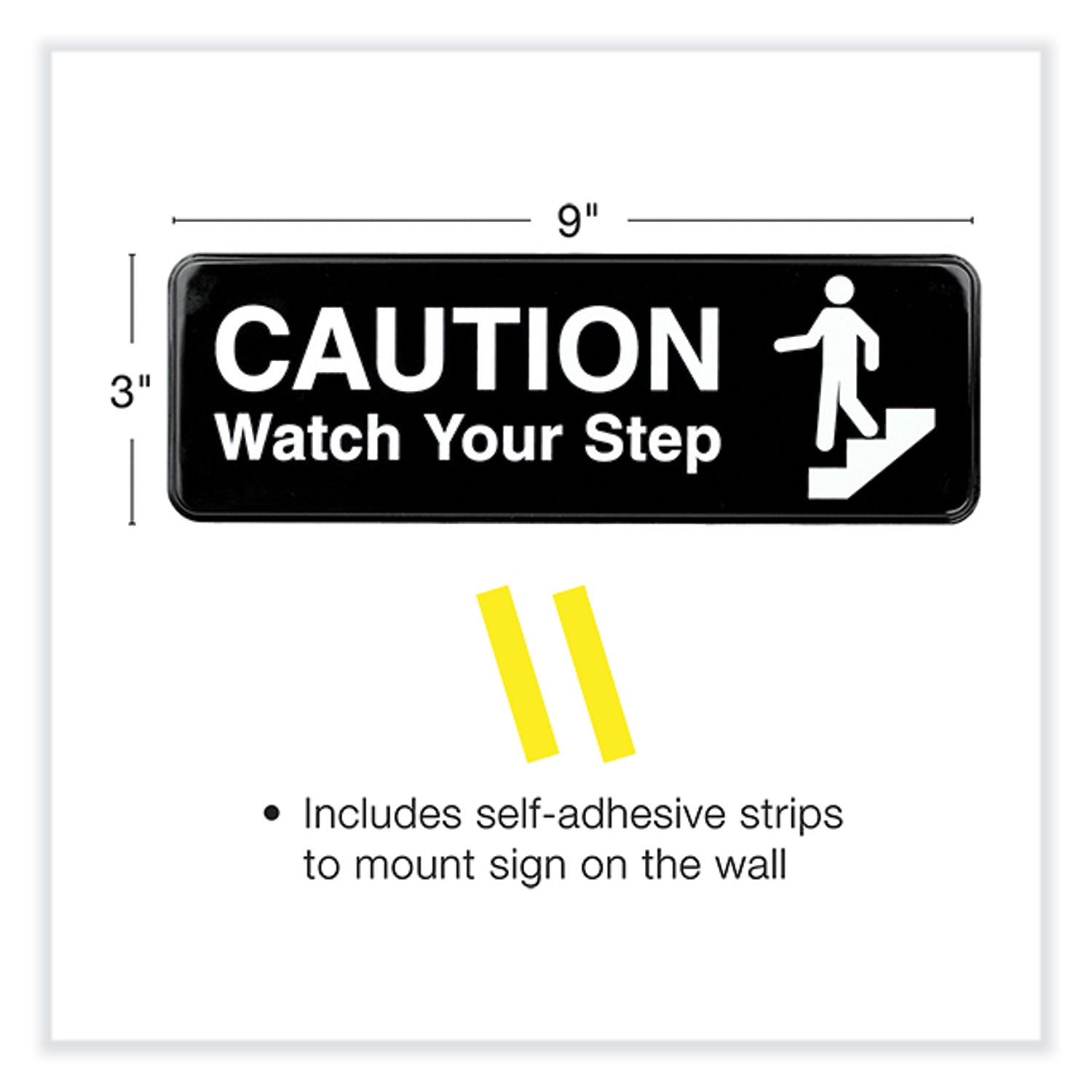 Excello Global Products® Caution Watch Your Step Indoor/Outdoor Wall Sign, 9" x 3", Black Face, White Graphics, 3/Pack