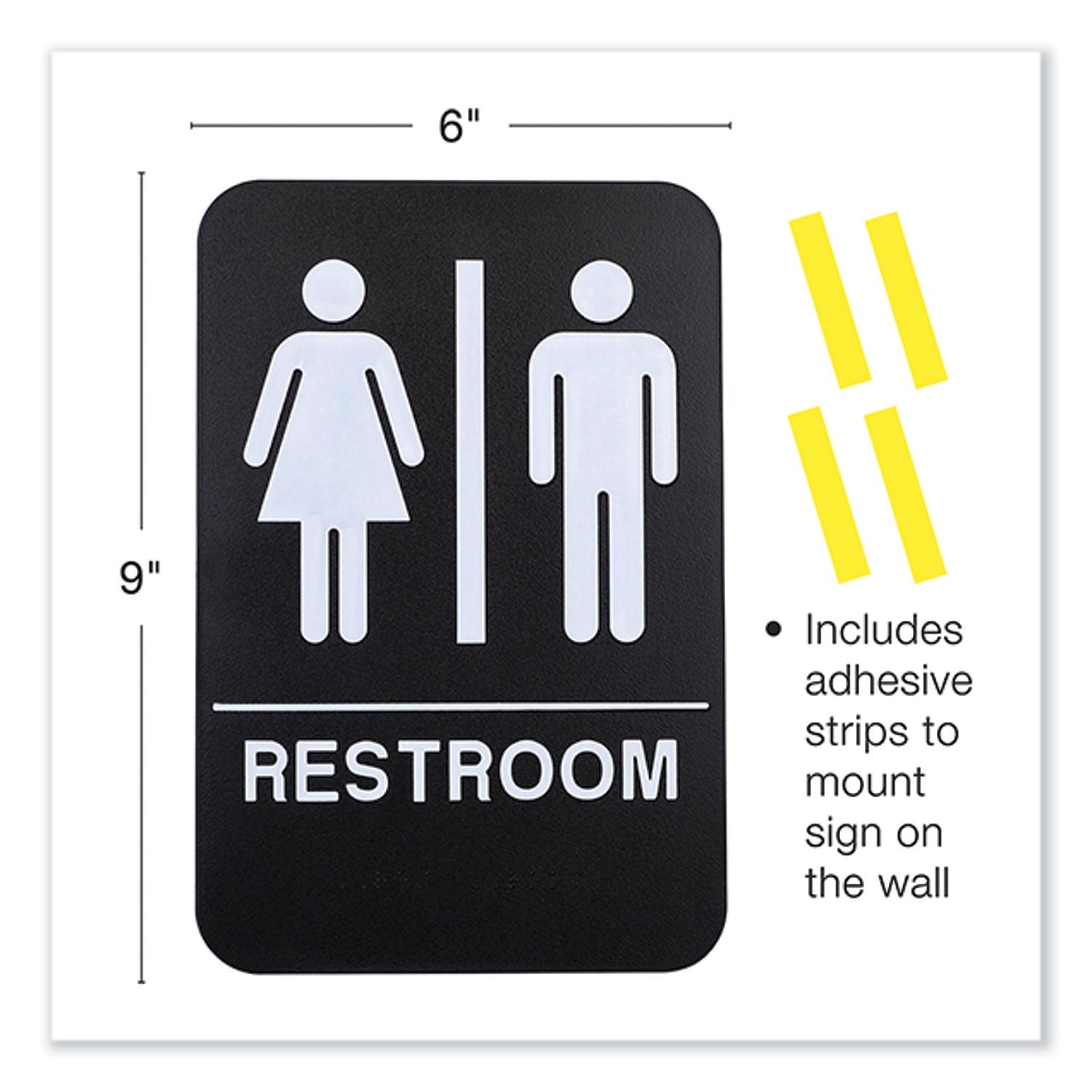 Excello Global Products® Indoor/Outdoor Restroom with Braille Text, 6" x 9", Black Face, White Graphics, 3/Pack