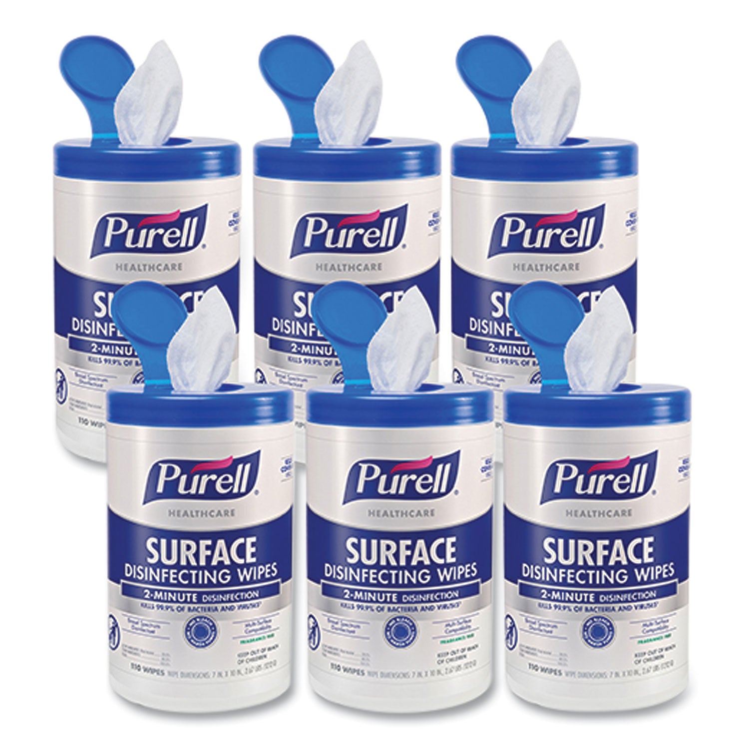 PURELL® Healthcare Surface Disinfecting Wipes, 1-Ply, 7" x 10", Unscented, White, 110 Wipes/Canister, 6 Canisters/Carton