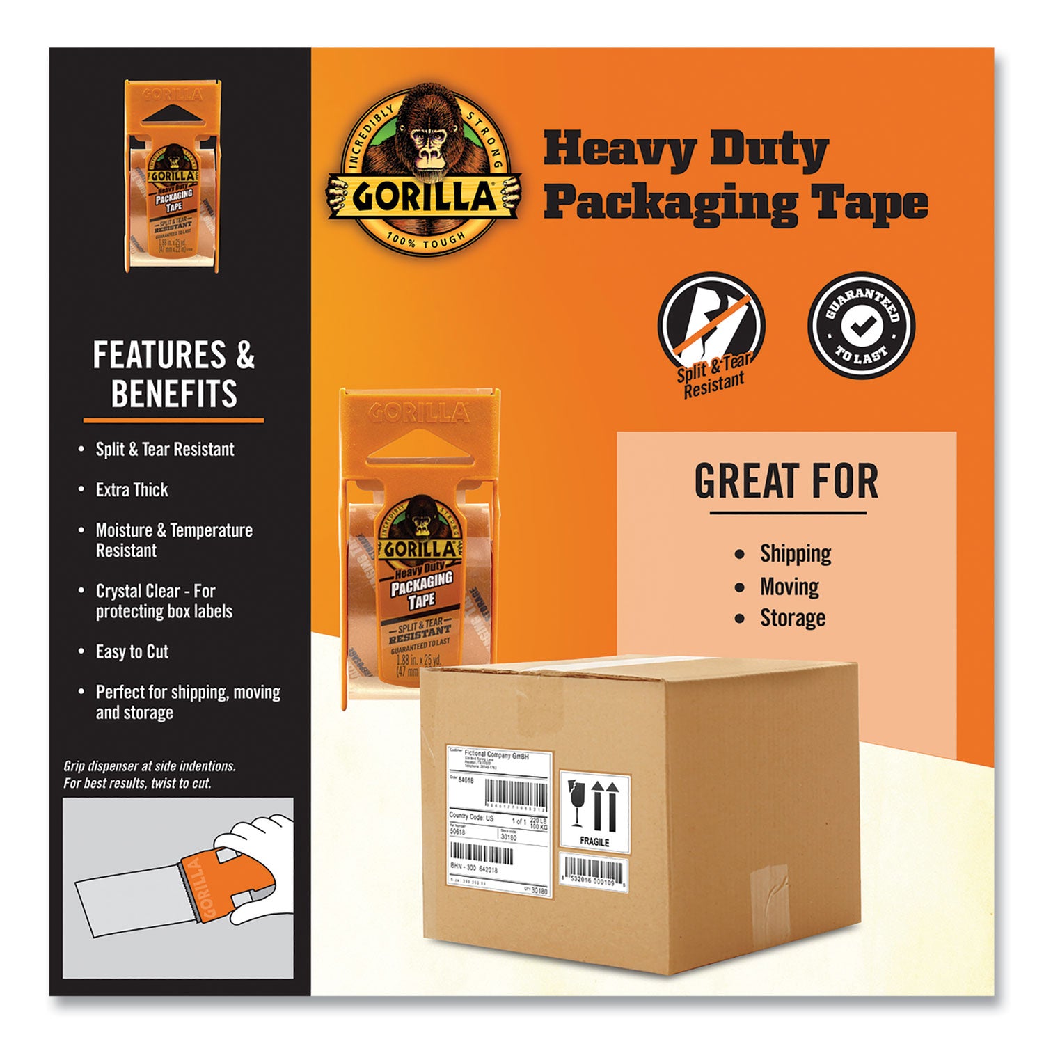 Gorilla® Heavy Duty Packaging Tape with Dispenser, 1.88" x 25 yds, Clear, 4/Pack