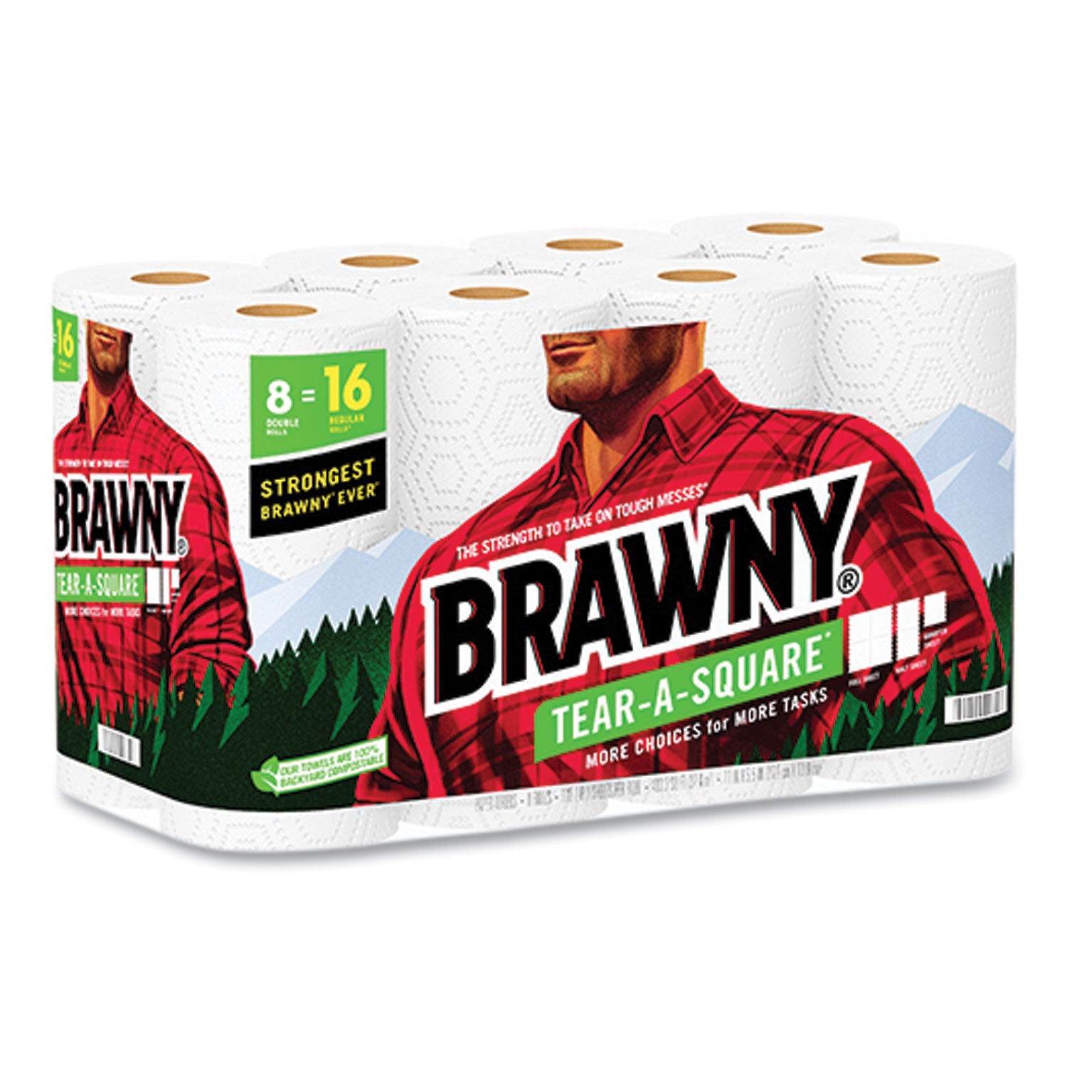 Brawny® Tear-A-Square Perforated Kitchen Roll Towels, Double Roll, 2-Ply, 11" x 11", White, 120 Sheets/Roll, 8 Rolls/Pack