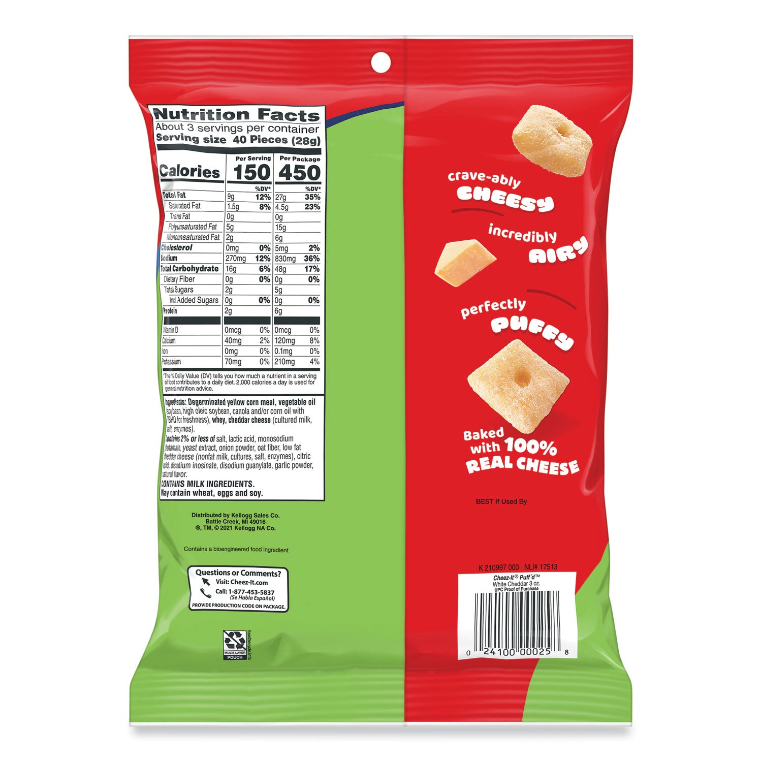 Cheez-It® Puff'd Crackers, White Cheddar, 3 oz Bag, 6/Carton