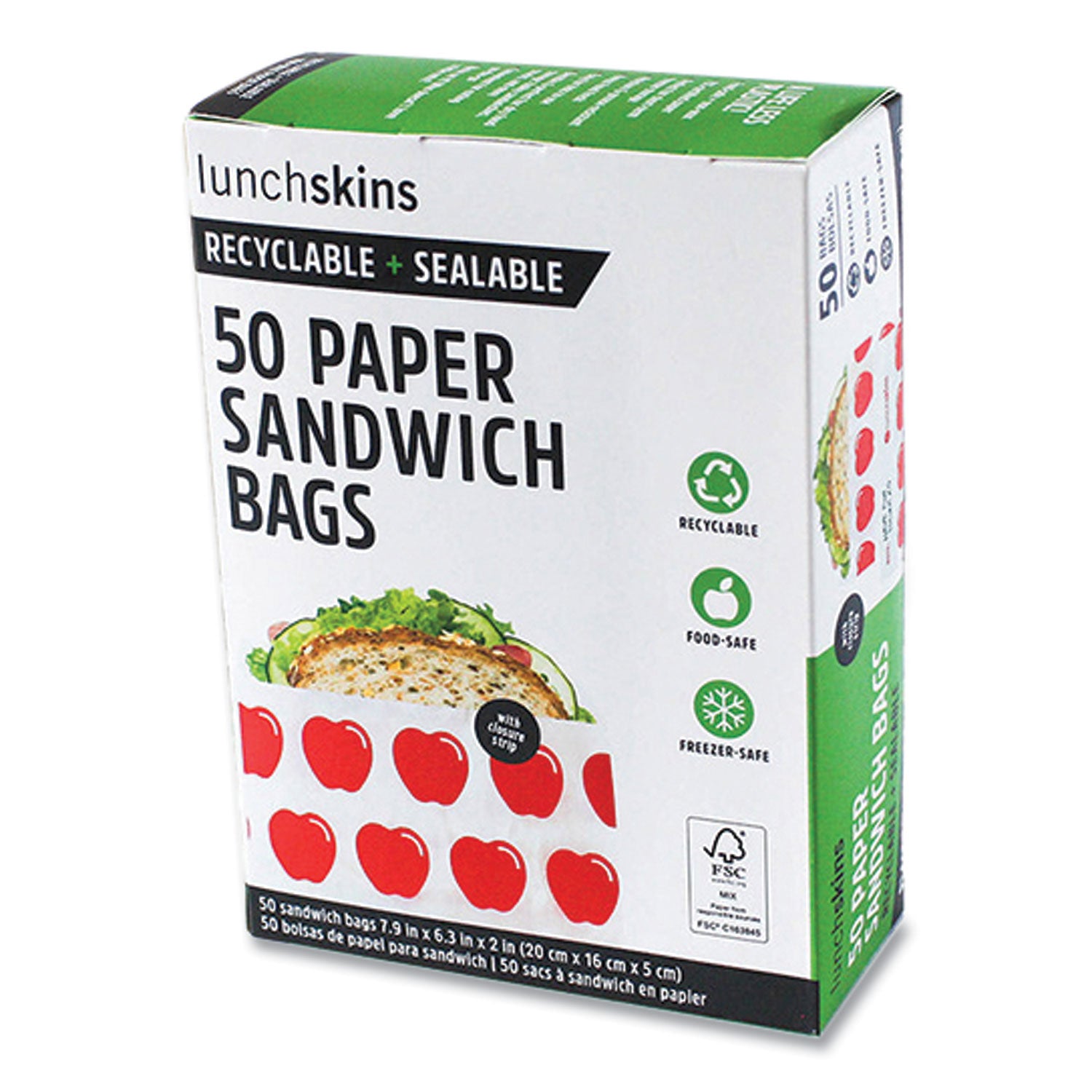 Peel and Seal Sandwich Bag with Closure Strip, 6.3" x 2" x 7.9", Red Apples/White, 50/Box