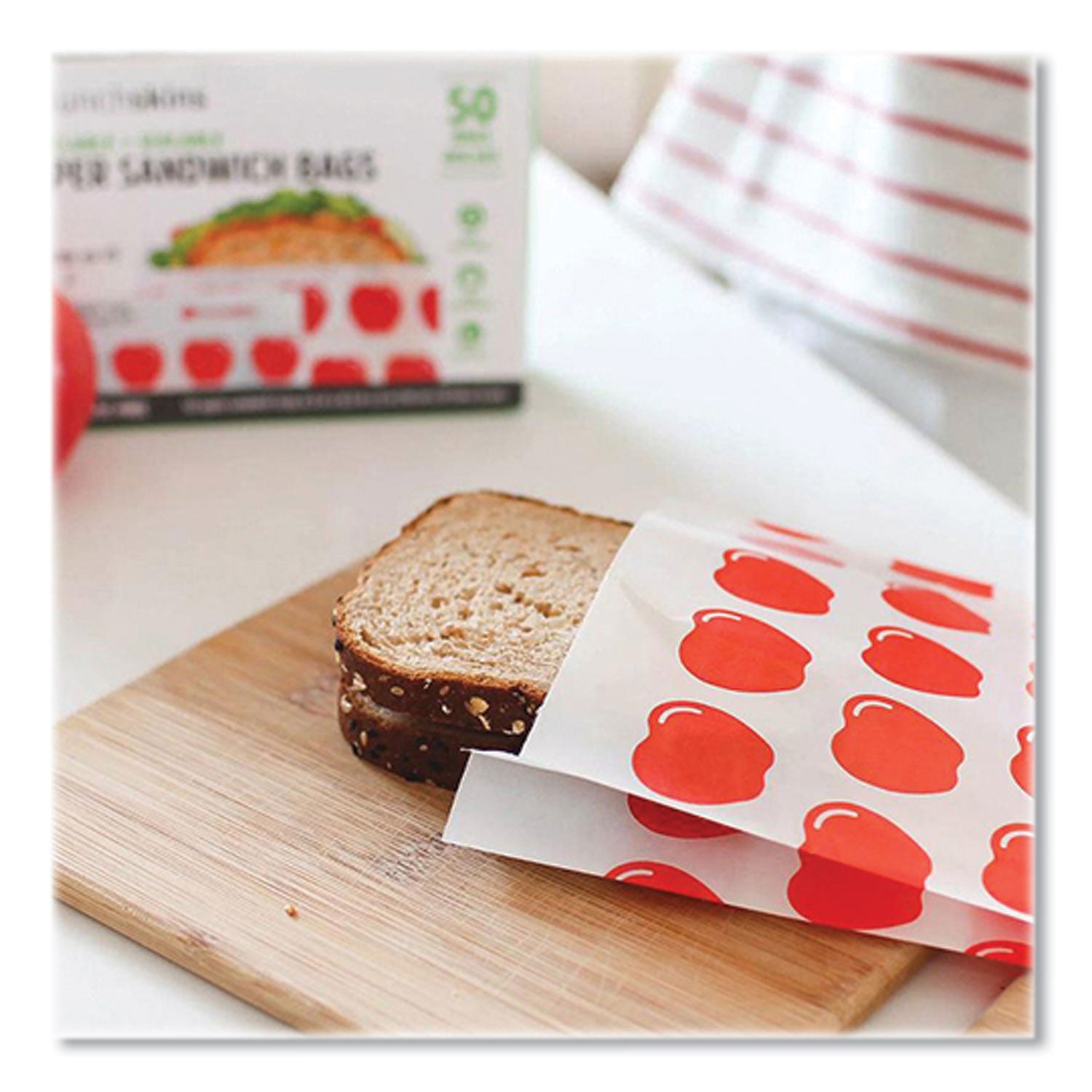 Peel and Seal Sandwich Bag with Closure Strip, 6.3" x 2" x 7.9", Red Apples/White, 50/Box lunchskins Flipcost