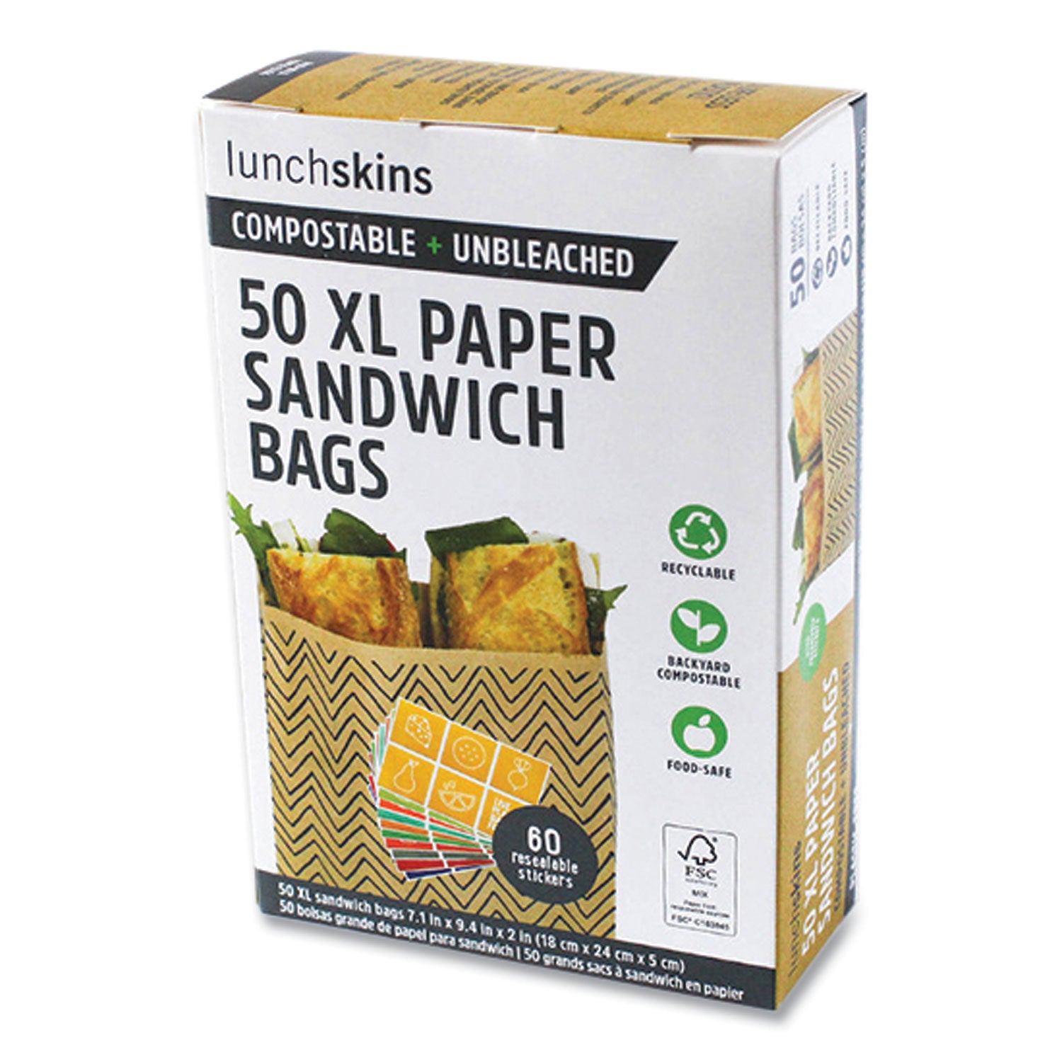 XL Sandwich Bag with Resealable Stickers, 7.1" x 2" x 9.1", Black Stripes/Natural Kraft, 50/Box