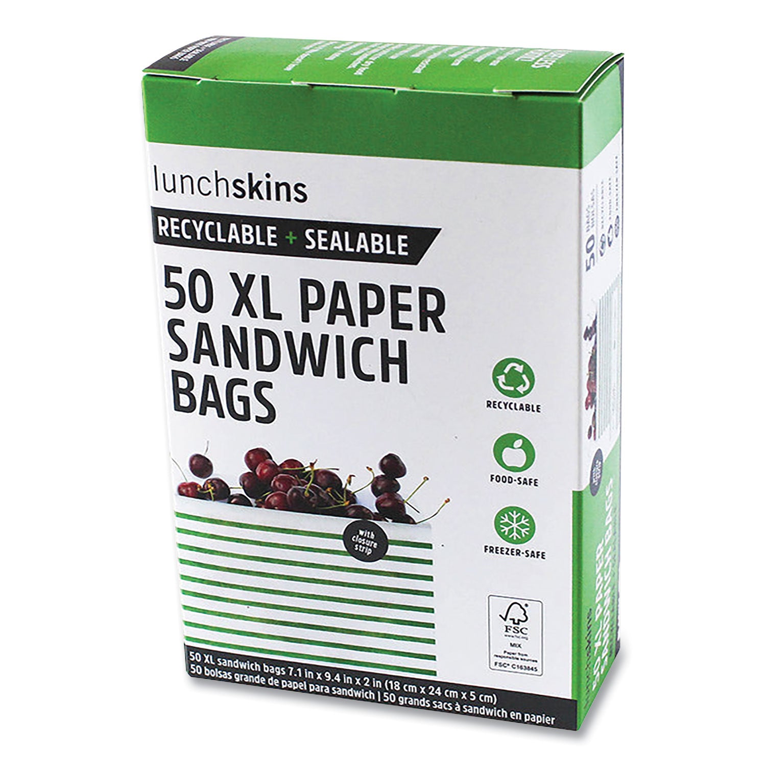 Paper Sandwich Bag, XL Sandwich, 7.1" x 2" x 9.4", Green Stripes/White, 50/Box