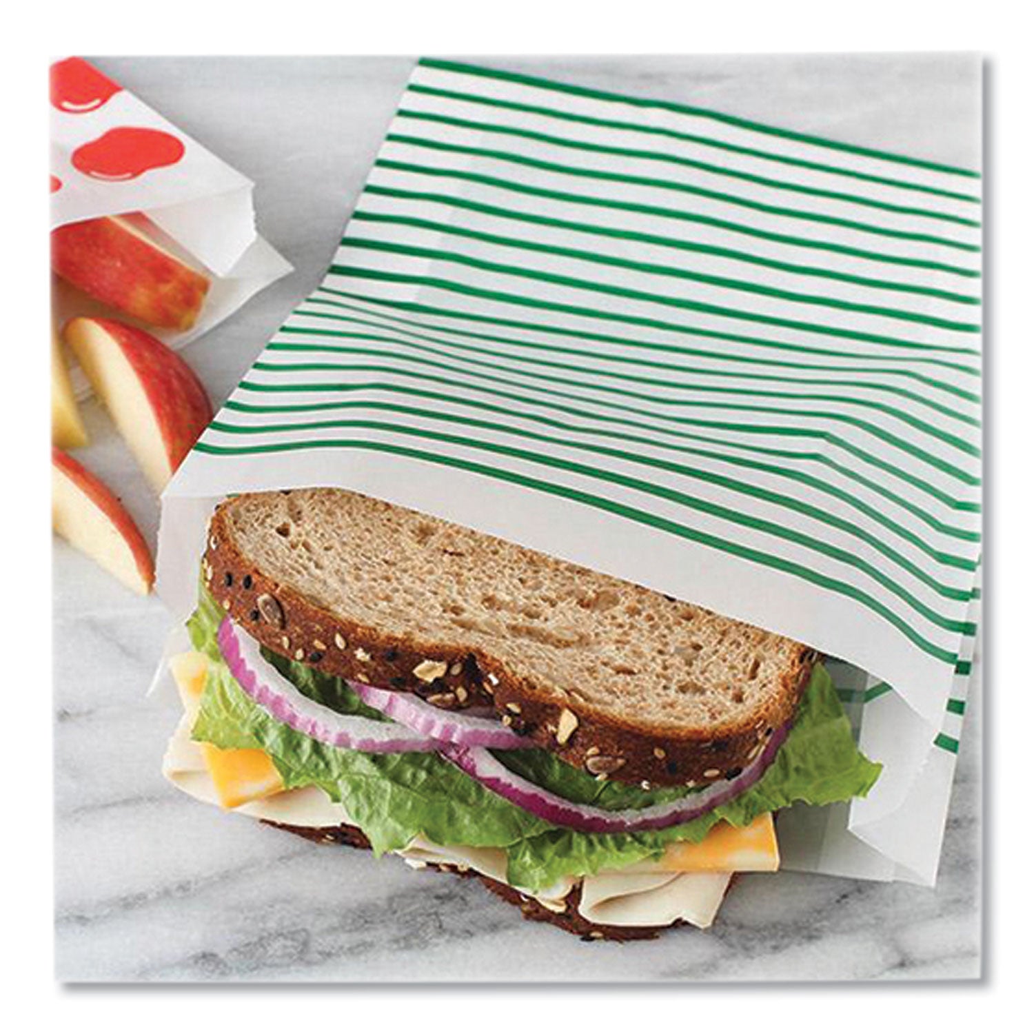 Lunchskins Paper Sandwich Bag, XL Sandwich, 7.1" x 2" x 9.4", Green Stripes/White, 50/Box