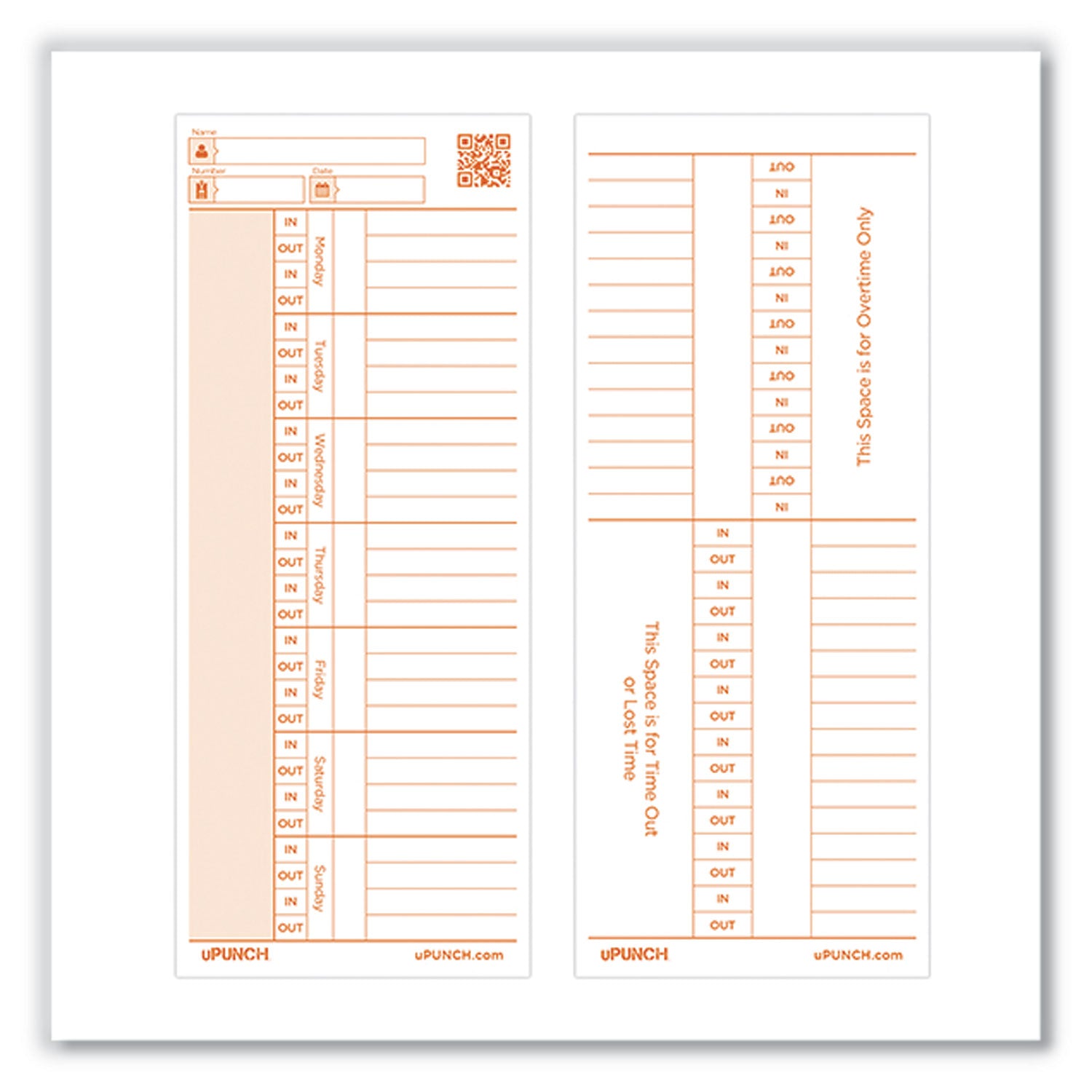 uPunch™ Time Card for PK1100 Time Clock, Two Sides, 3.38 x 8.25, 100/Pack