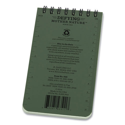 Rite in the Rain® All-Weather Wire-O Notepad, Universal: Narrow Rule and Quadrille Rule, Dark Green Cover, 50 White 3 x 5 Sheets