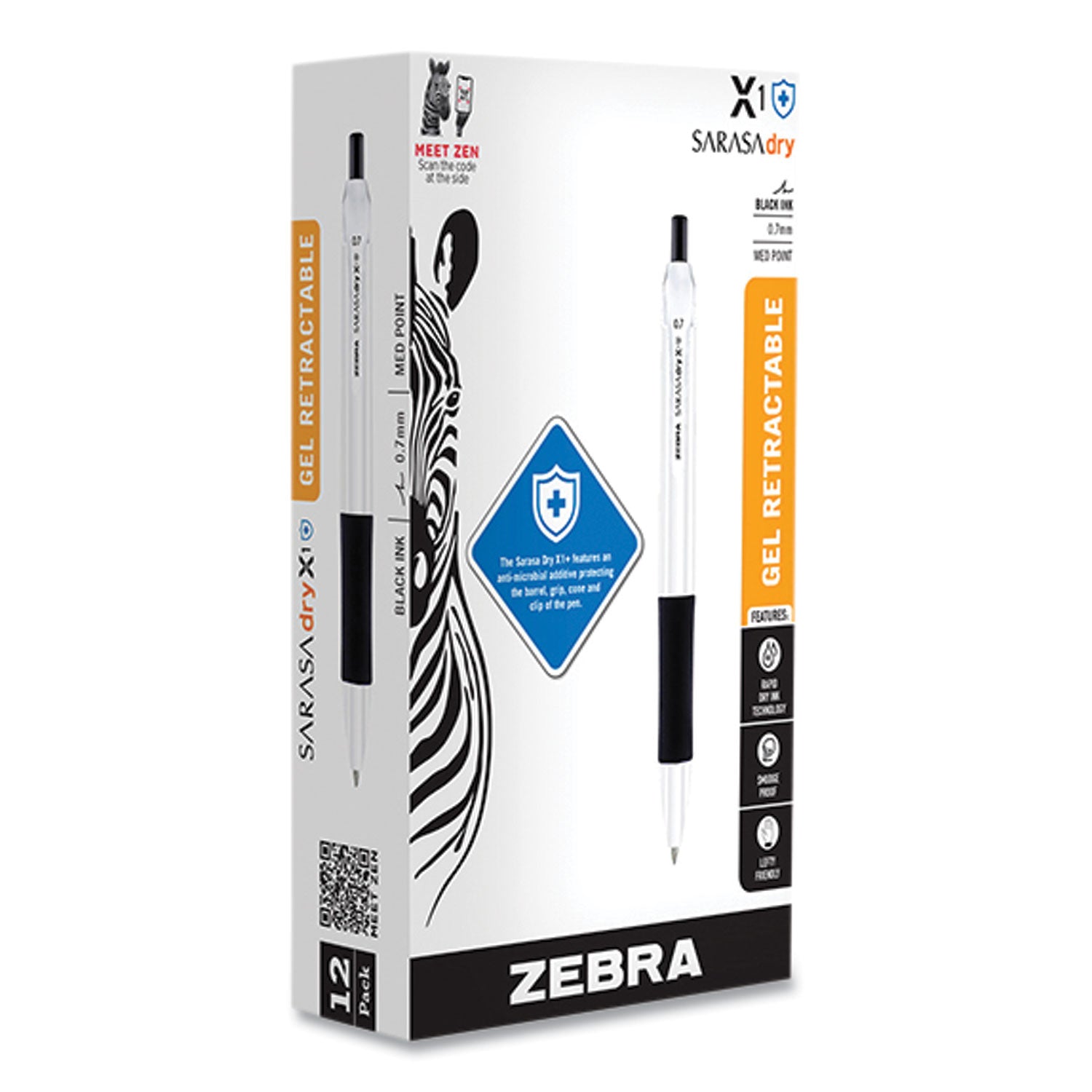 Sarasa Dry X1+ Retractable Gel Pen, Medium 0.7 mm, Black Ink, White/Black Barrel, 12/Pack