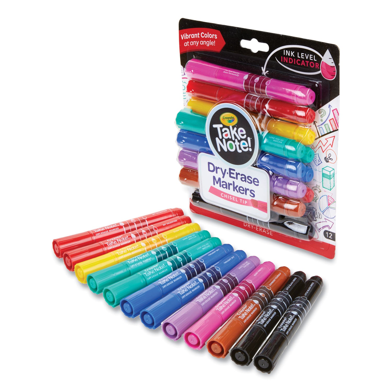 Crayola® Take Note Dry-Erase Markers, Broad, Chisel Tip, Assorted, 12/Pack