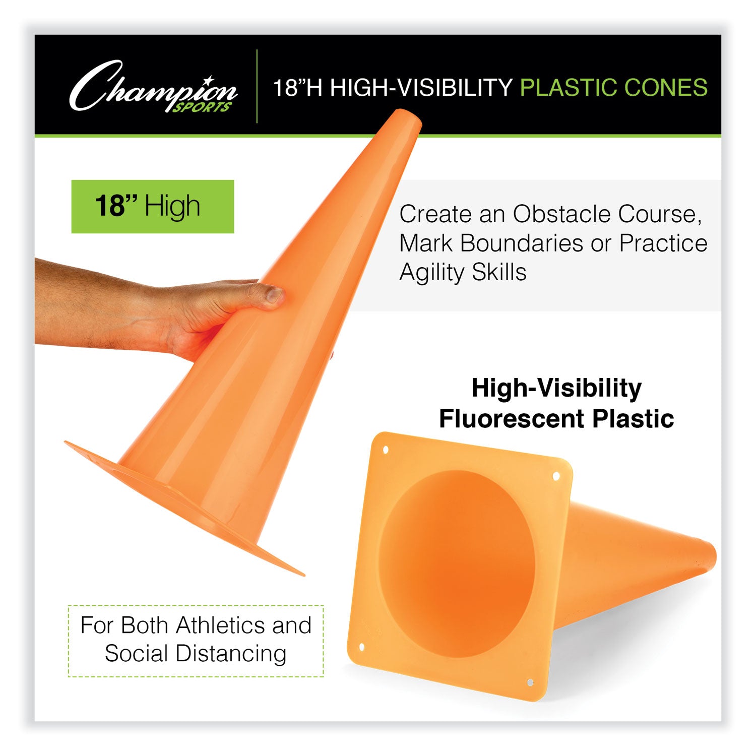 Champion Sports High-Visibility Plastic Cones, 18" Tall, Florescent Orange, 8" x 8" Base