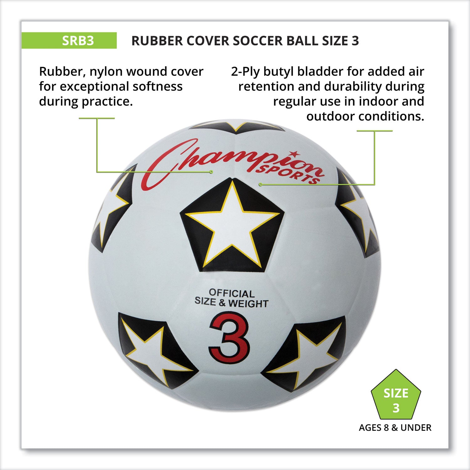 Champion Sports Rubber Sports Ball, For Soccer, No. 3 Size, White/Black