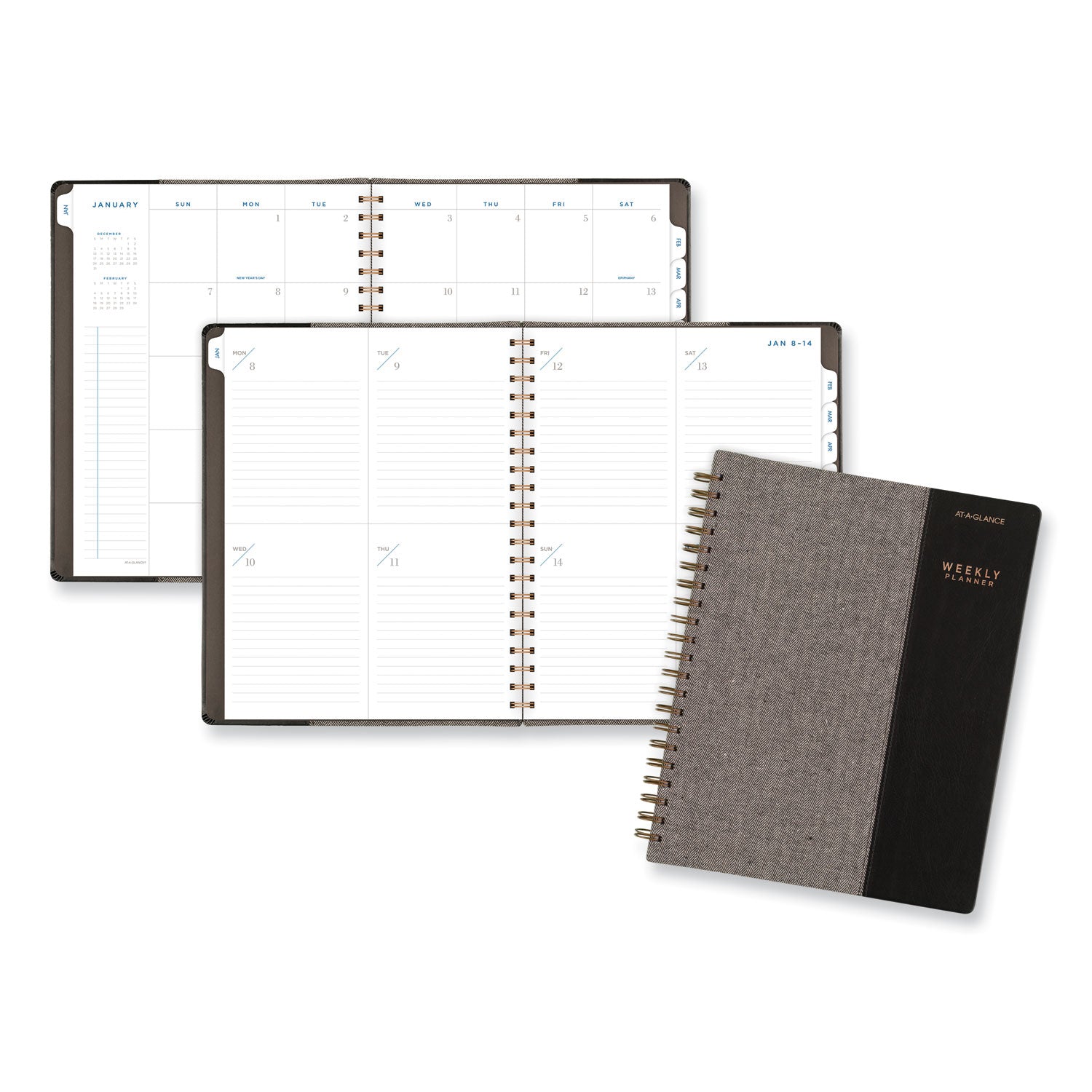 Signature Collection Black/Gray Felt Weekly/Monthly Planner, 11.25 x 9.5, Black/Gray Cover, 13-Month: Jan 2025 to Jan 2026