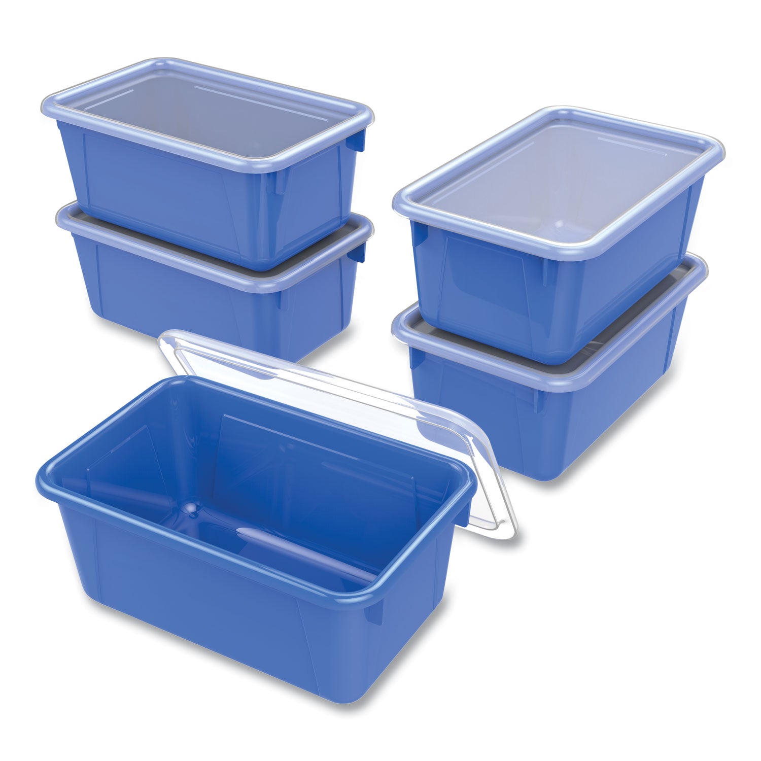 Storex Cubby Bin with Lid, 1 Section, 2 gal, 8.2 x 12.5 x 11.5, Blue, 5/Pack