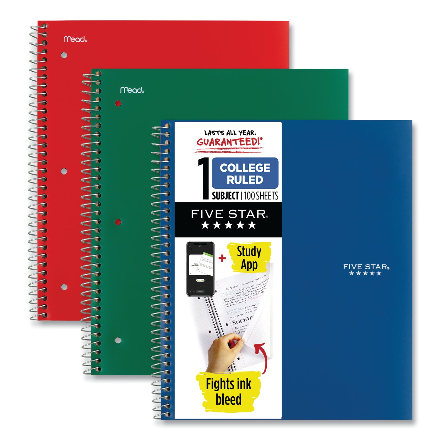 Five Star® Wirebound Notebook with Two Pockets, 1-Subject, Medium/College Rule, Assorted Cover Color, (100) 11 x 8.5 Sheets, 3/Pack