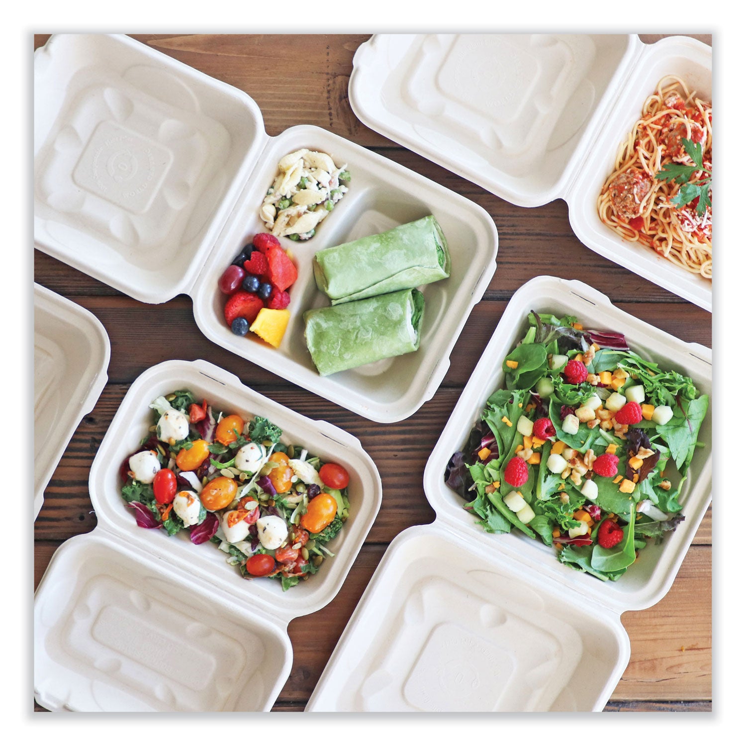 World Centric® Fiber Hinged Containers, 3-Compartment, 9.3 x 9 x 3.3, Natural, Paper, 300/Carton