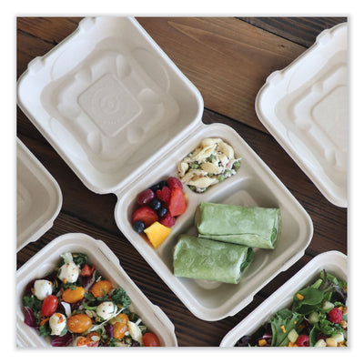 World Centric® Fiber Hinged Containers, 3-Compartment, 8.8 x 8.2 x 2.9, Natural, Paper, 300/Carton Flipcost Flipcost