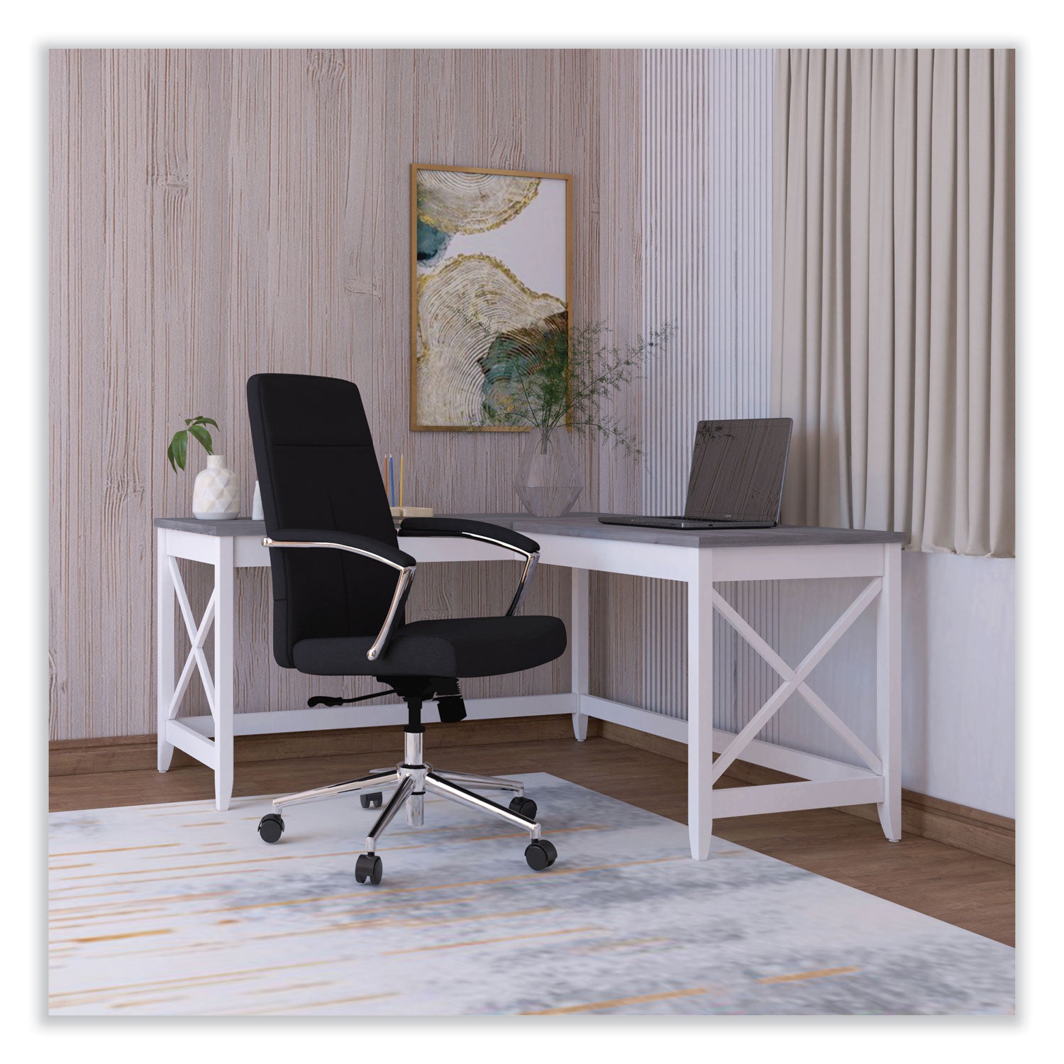 Workspace by Alera® Leather Task Chair, Supports Up to 275 lb, 18.19" to 21.93" Seat Height, Black Seat, Black Back