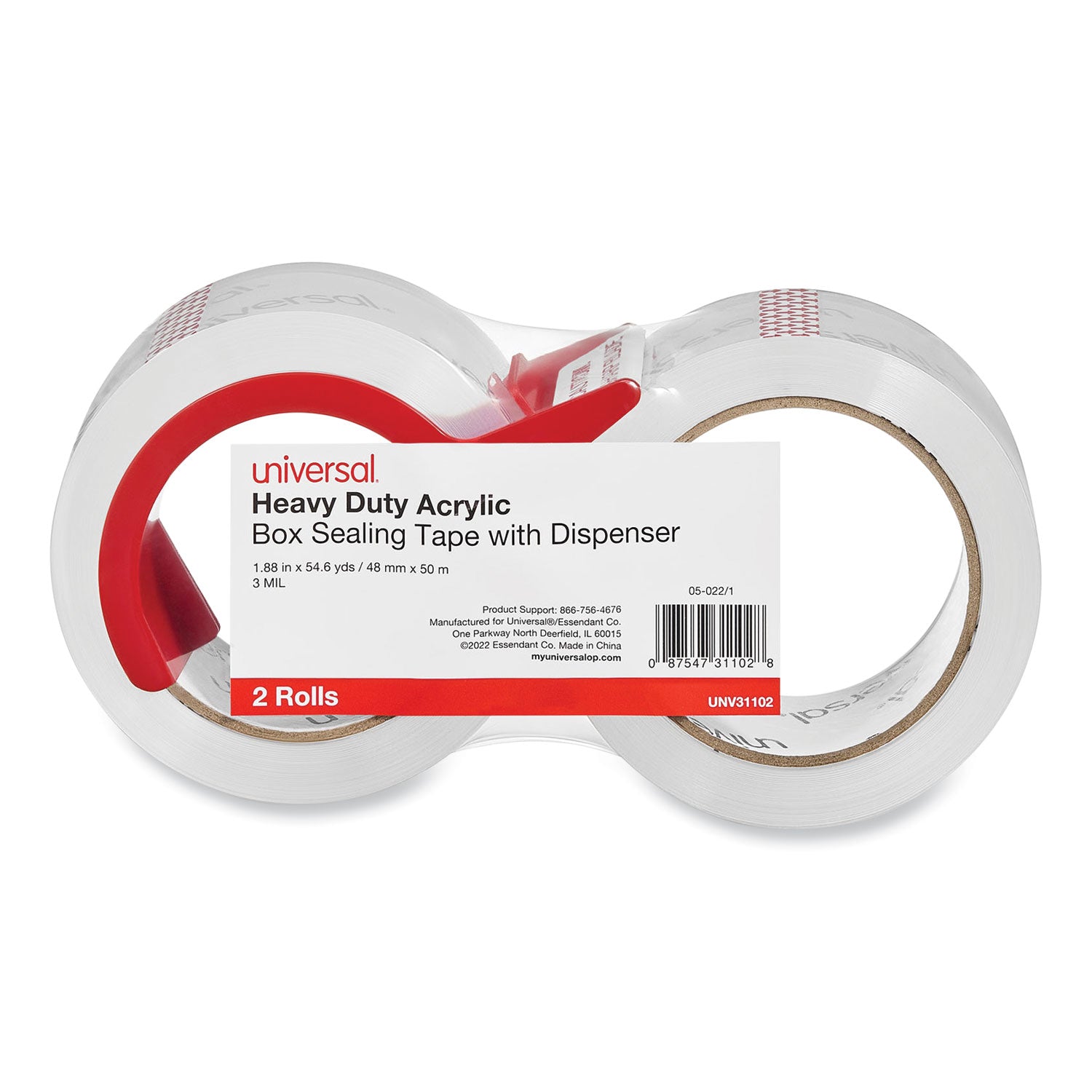 Heavy-Duty Acrylic Box Sealing Tape with Dispenser, 3" Core, 1.88" x 54.6 yds, Clear, 2/Pack