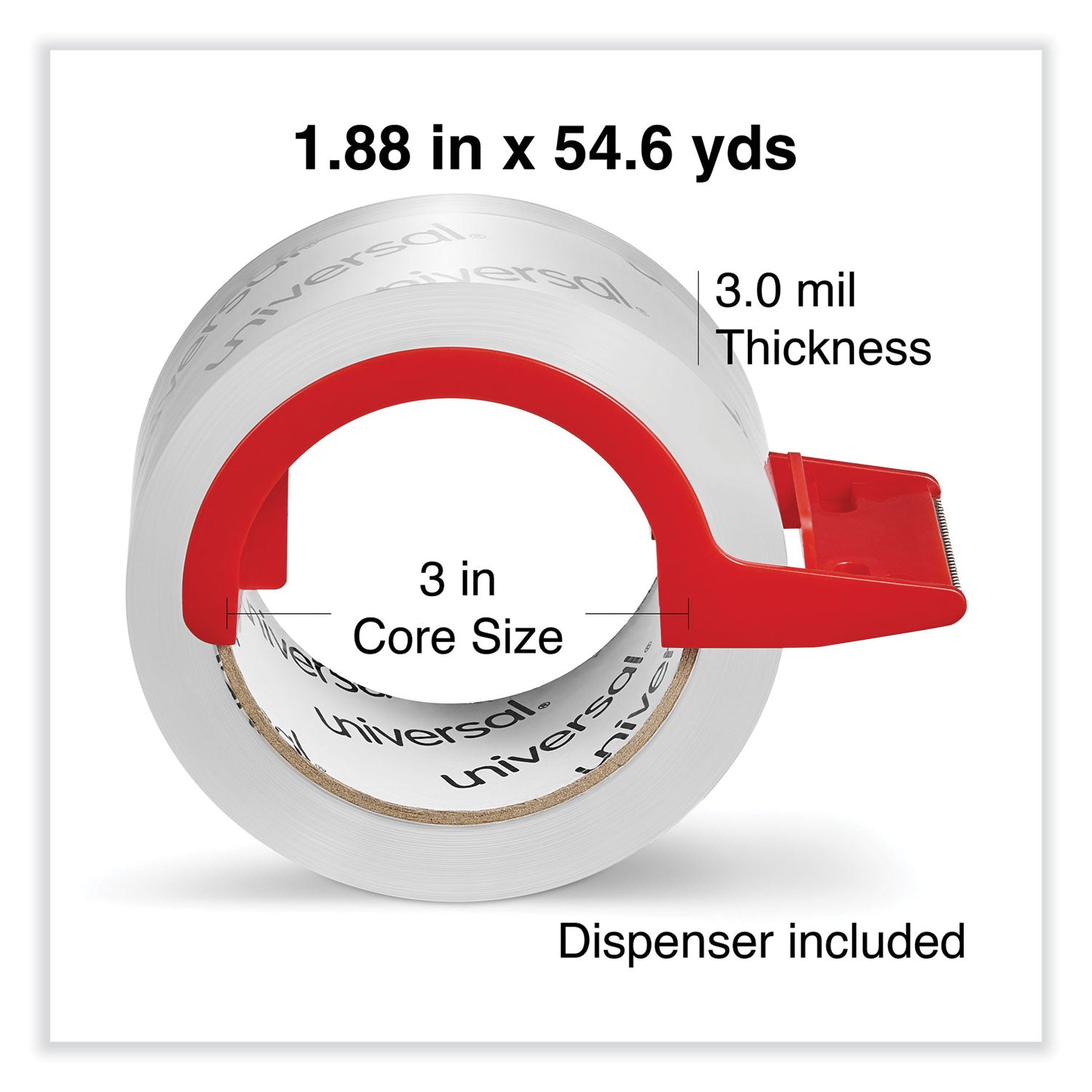 Universal® Heavy-Duty Acrylic Box Sealing Tape with Dispenser, 3" Core, 1.88" x 54.6 yds, Clear, 2/Pack