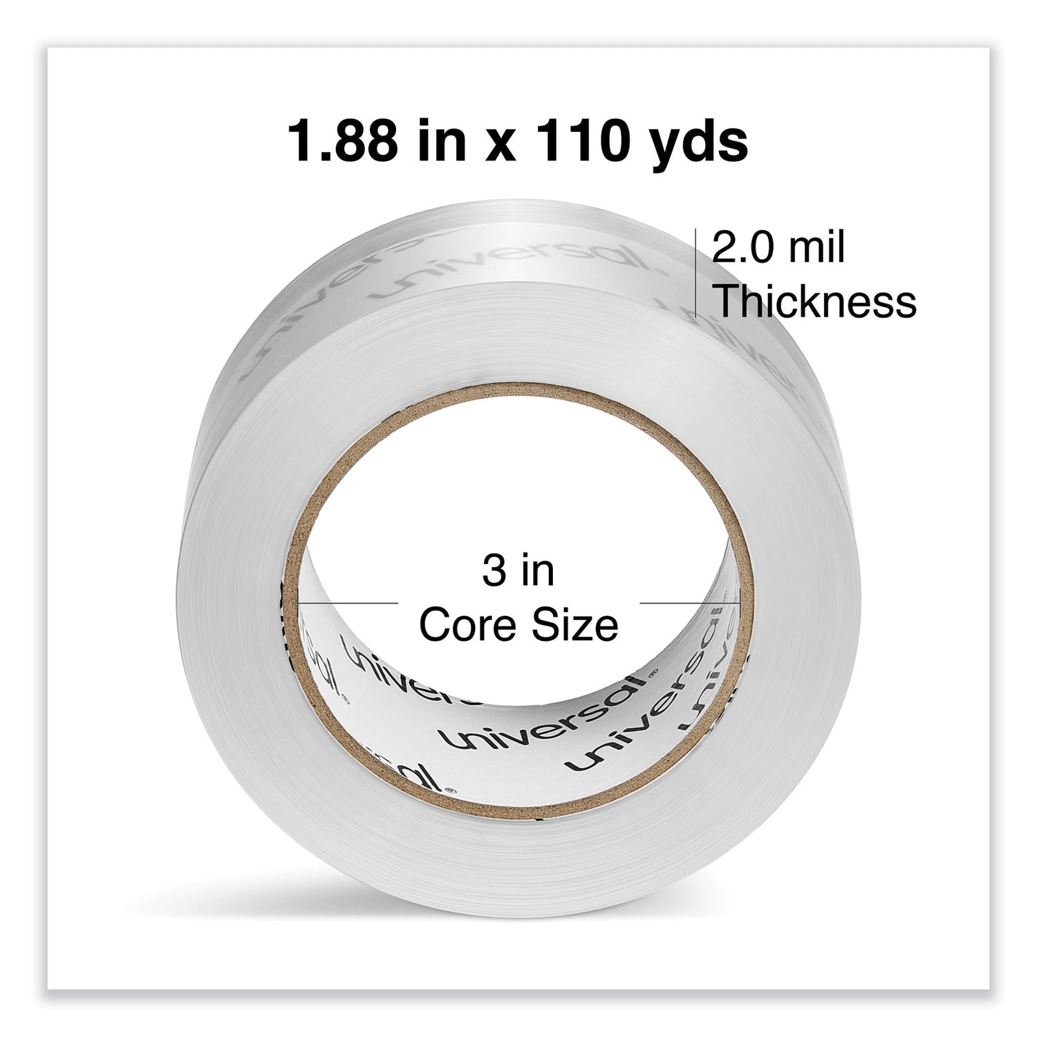 Universal® Deluxe General-Purpose Acrylic Box Sealing Tape, 2 mil, 3" Core, 1.88" x 109 yds, Clear, 6/Pack